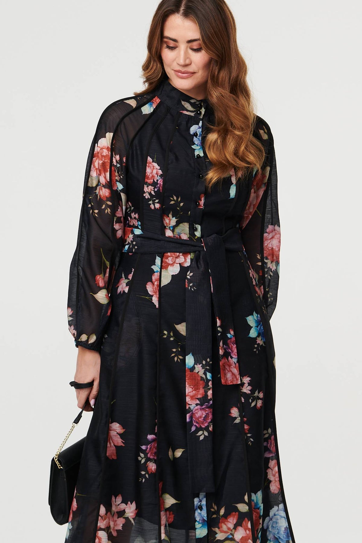 Floral Semi Sheer Tie Waist Midi Dress Back View