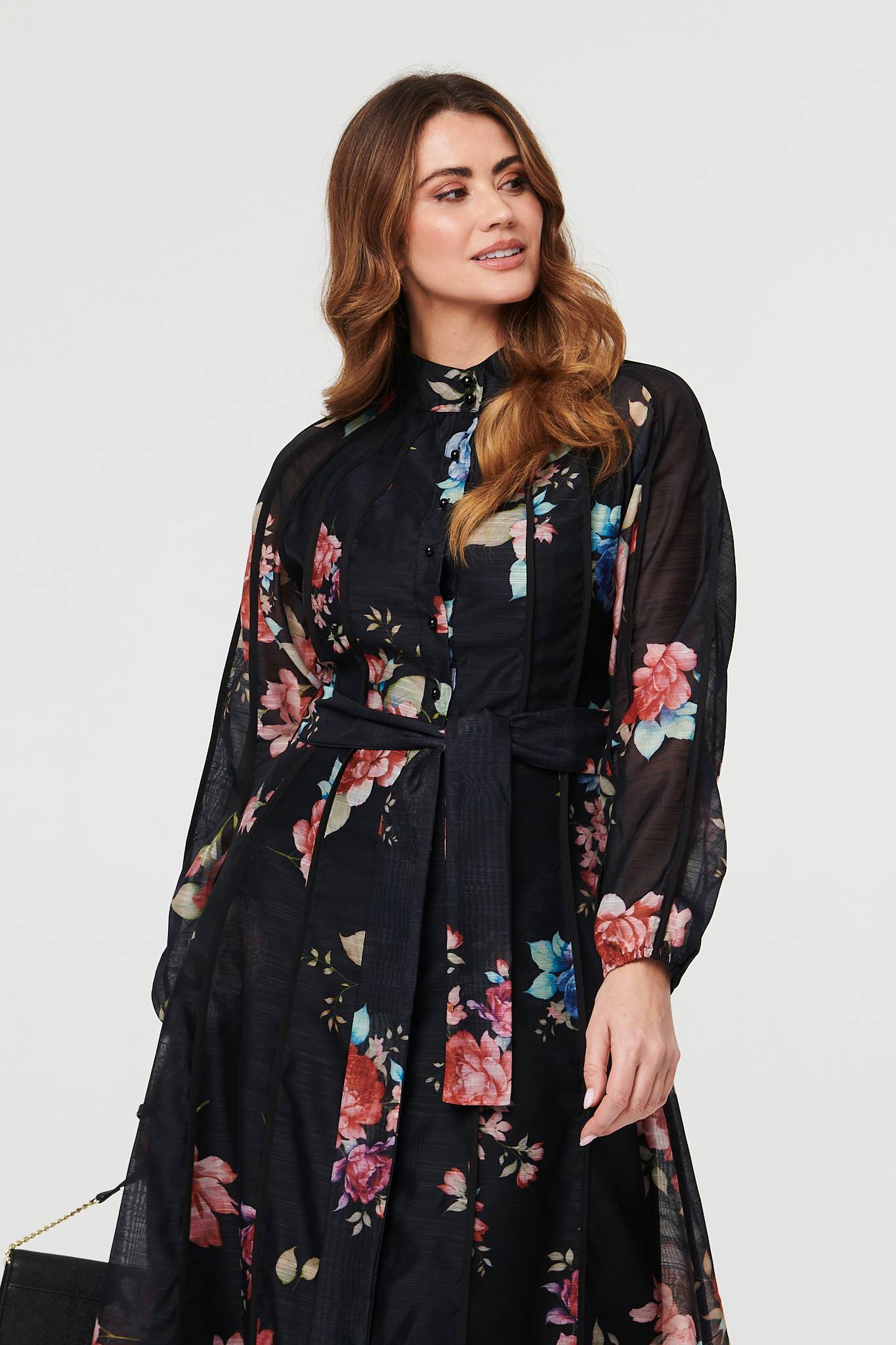 Floral Semi Sheer Tie Waist Midi Dress Front View 2