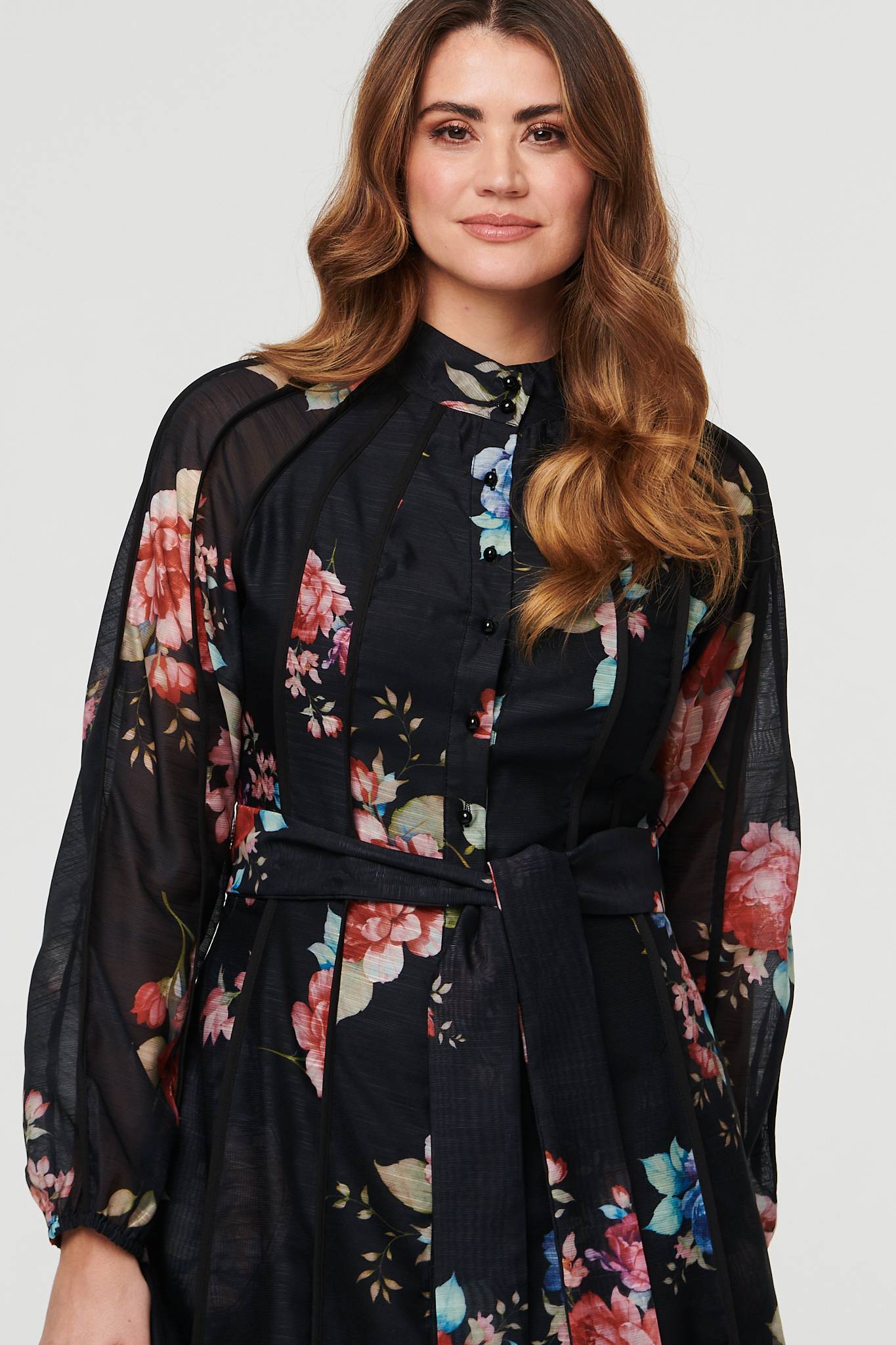 Floral Semi Sheer Tie Waist Midi Dress Styled View