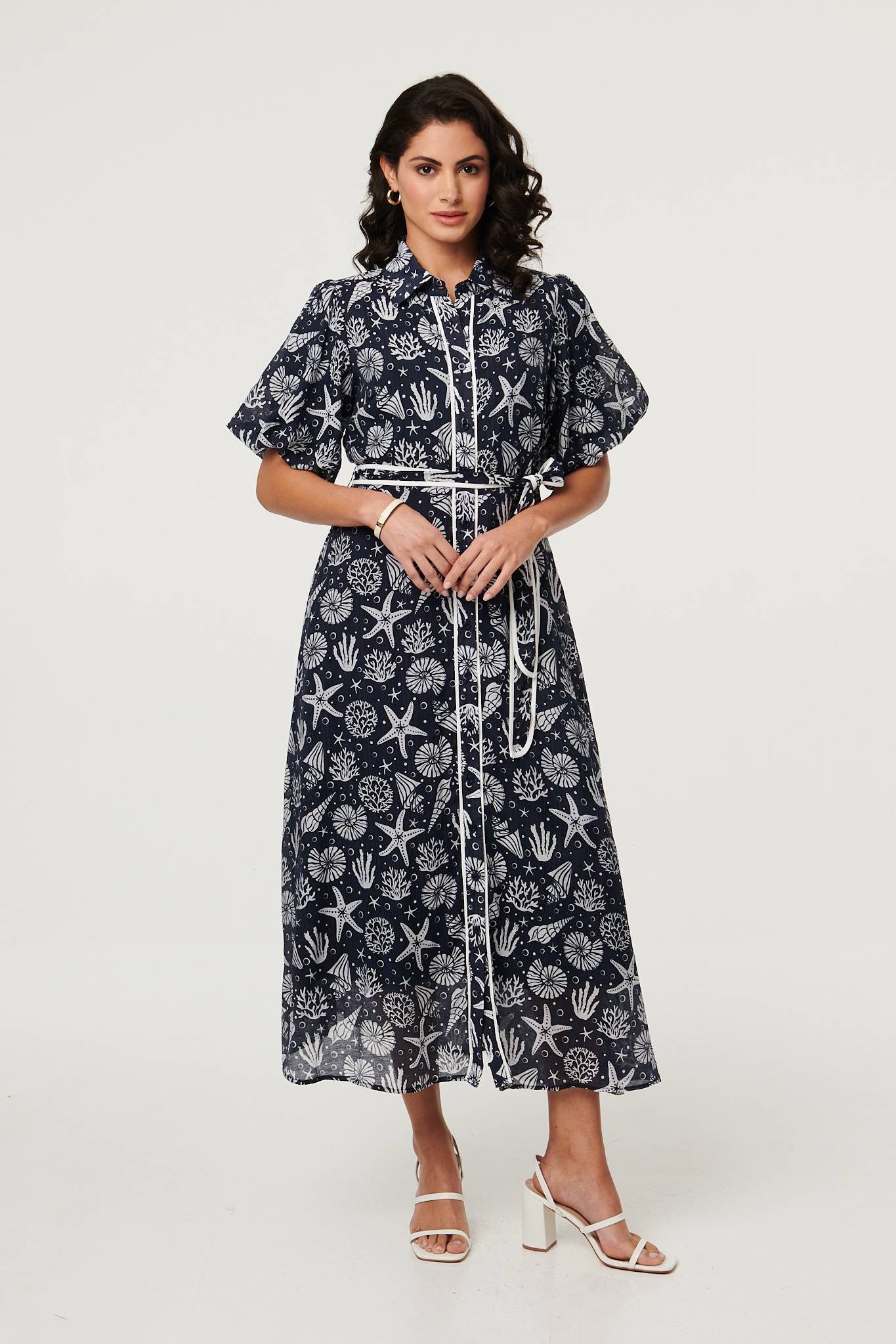Tropical Print Puff Sleeve Midi Dress Front View