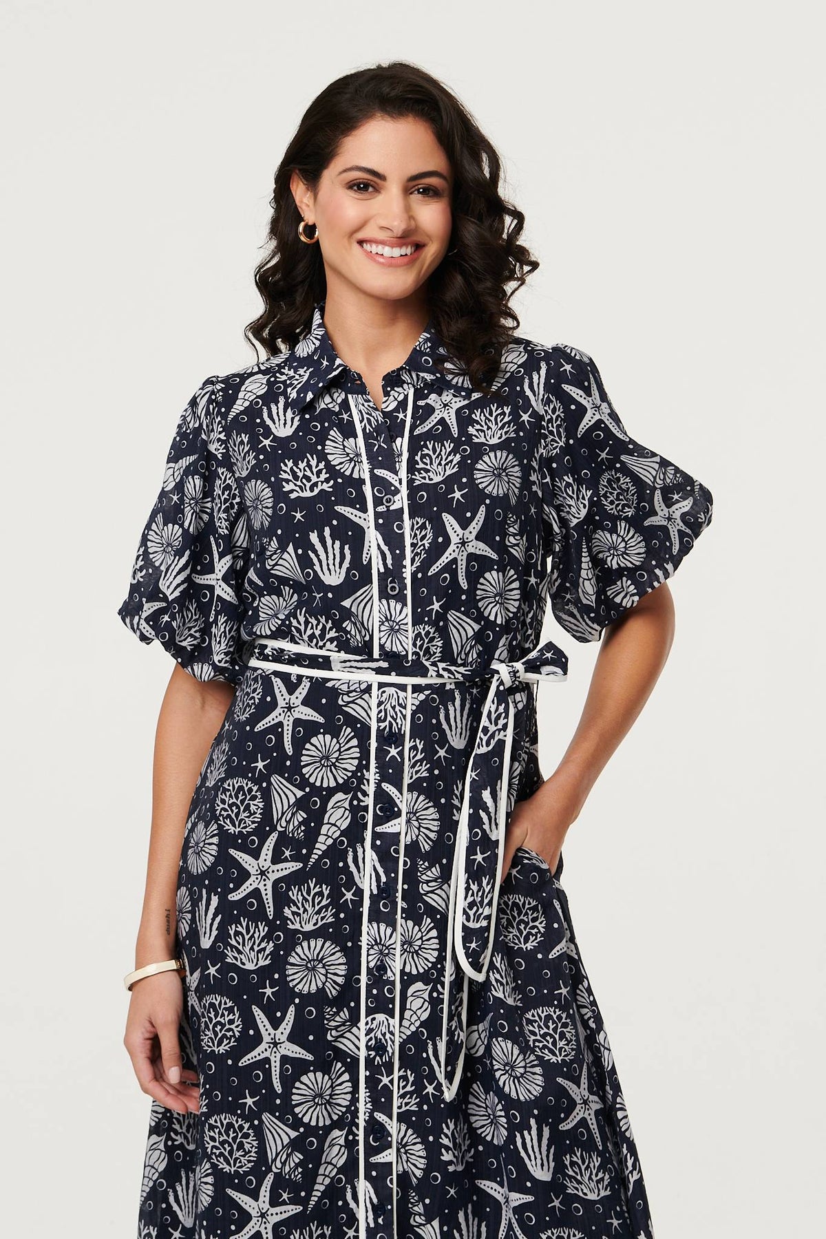 Tropical Print Puff Sleeve Midi Dress Styled View