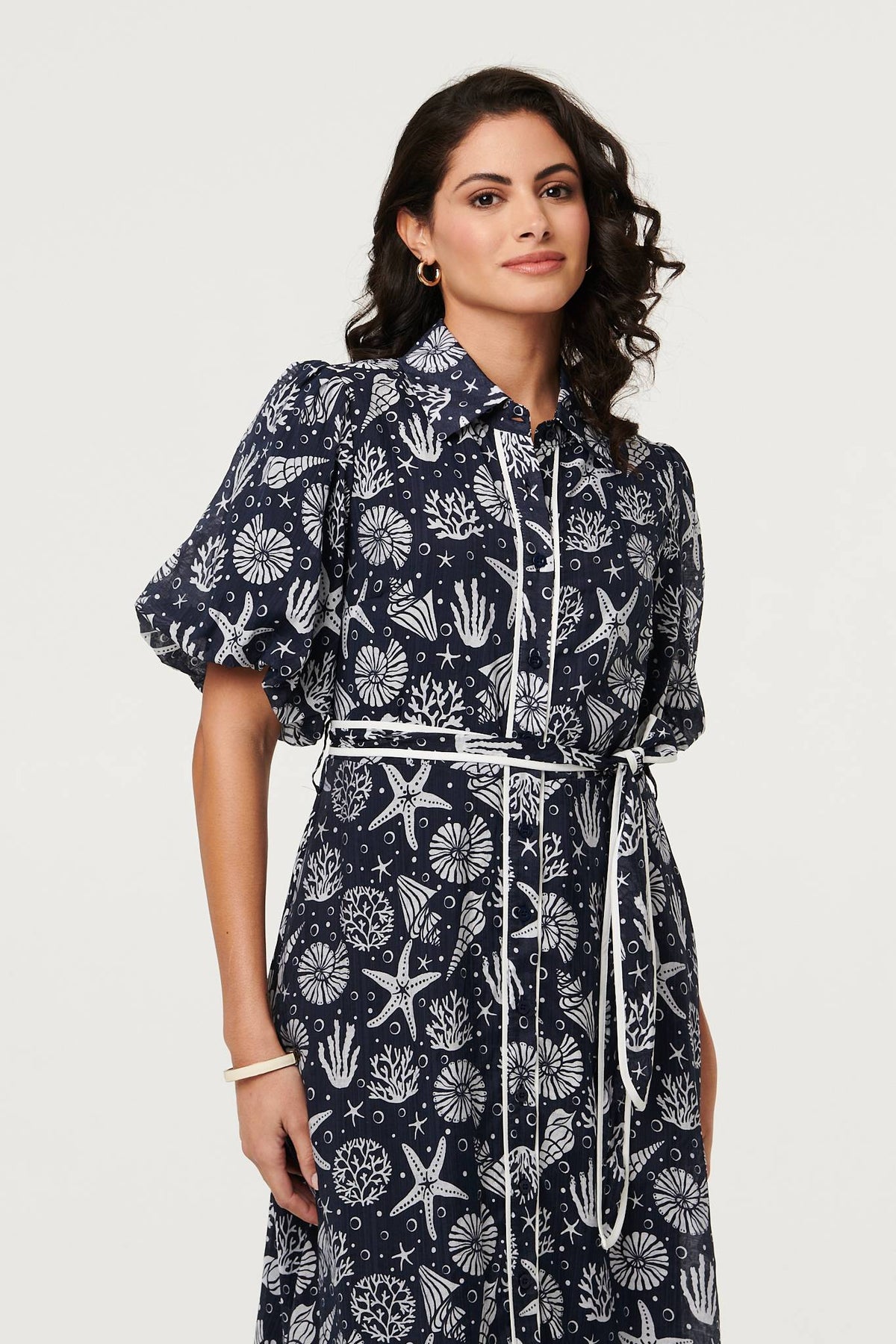 Tropical Print Puff Sleeve Midi Dress Back View