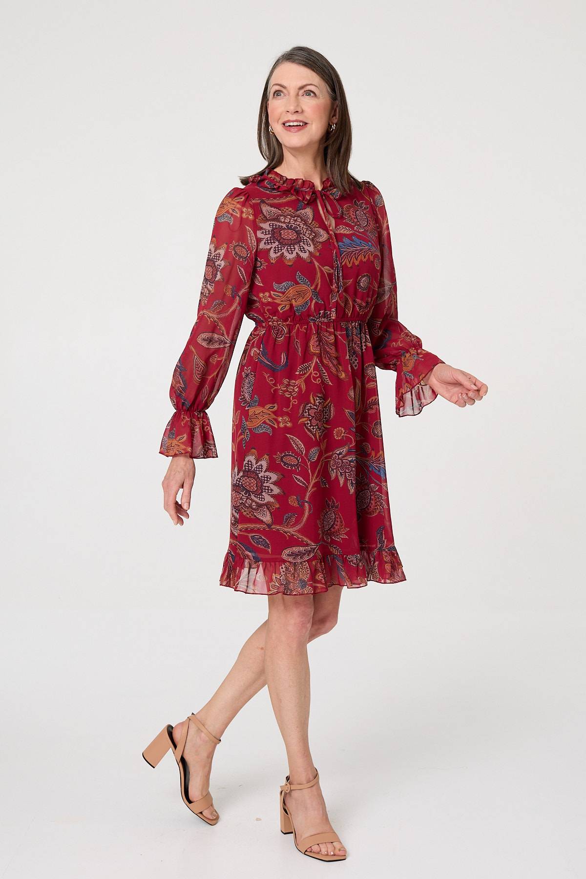 Printed Frill Trim Knee Length Dress Front View 2
