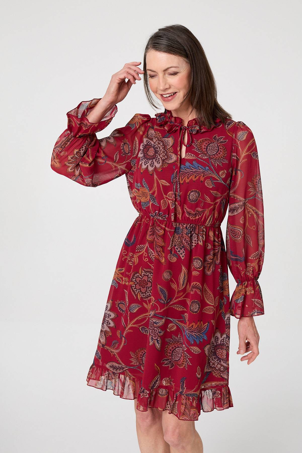 Printed Frill Trim Knee Length Dress Detail View