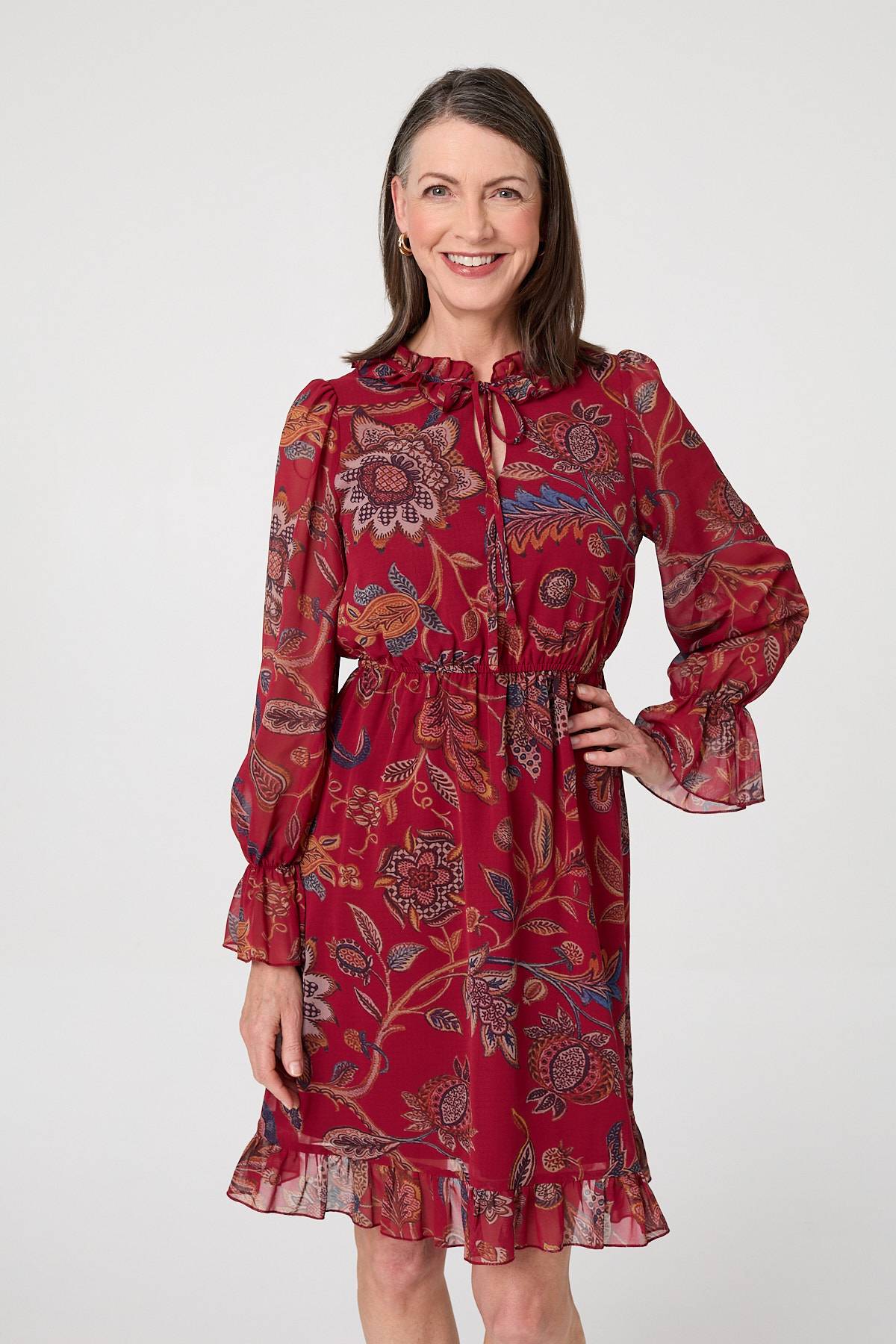 Printed Frill Trim Knee Length Dress Front View