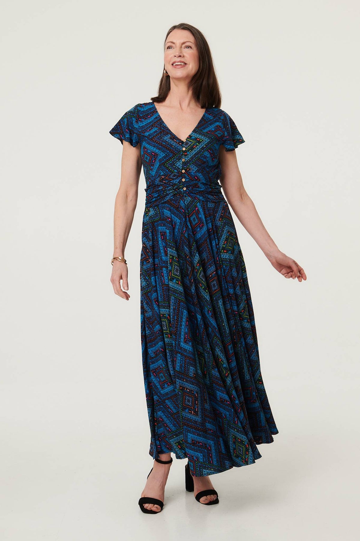 Geo Print Cap Sleeve Ruched Maxi Dress Detail View