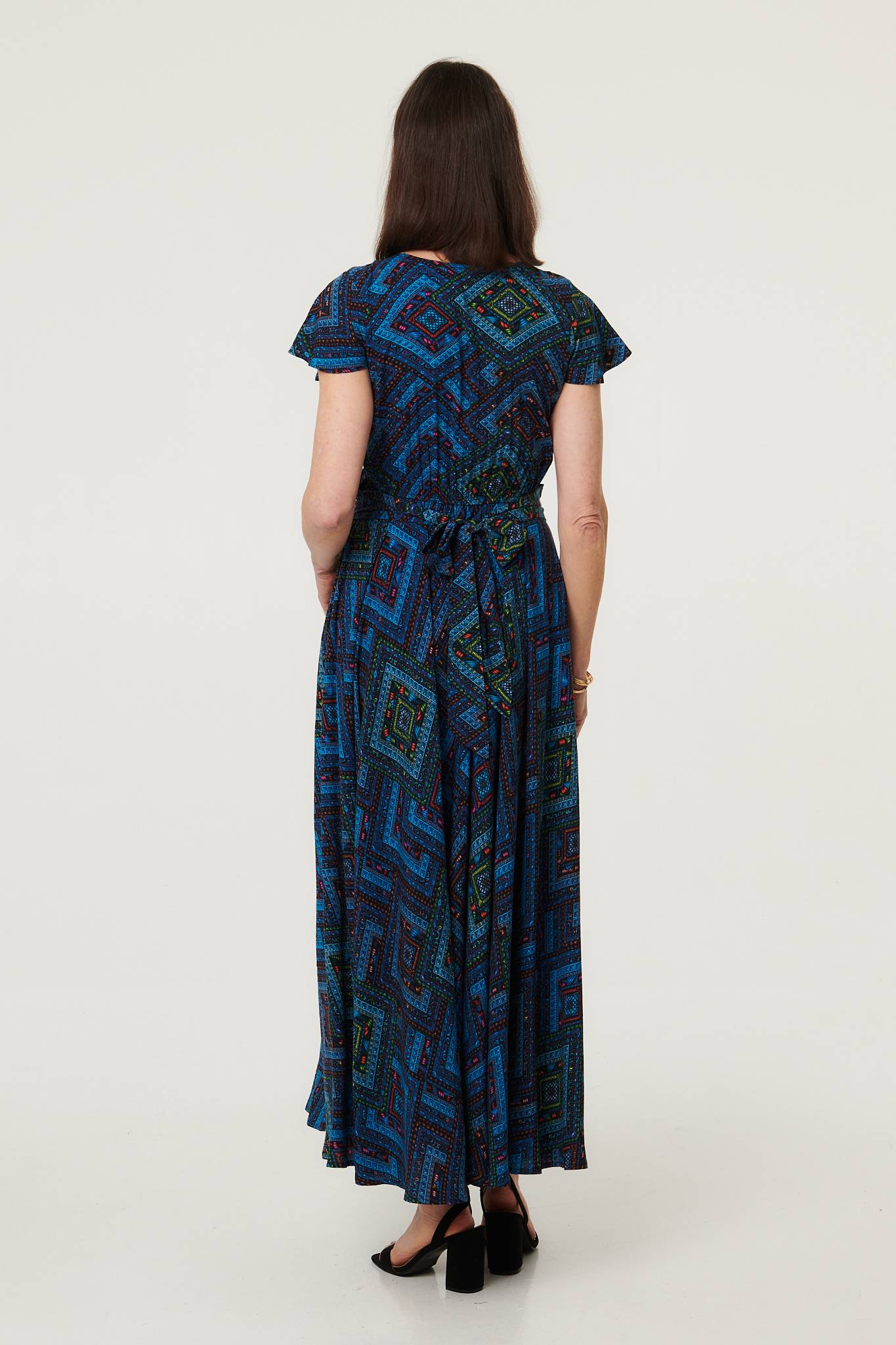 Geo Print Cap Sleeve Ruched Maxi Dress Side View