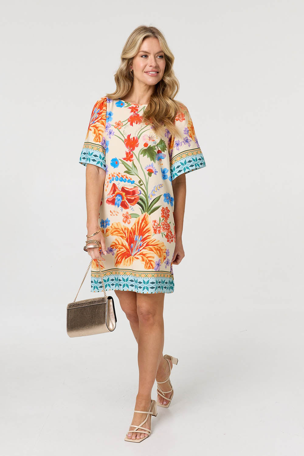 Floral Border Print Short Shift Dress Side View
