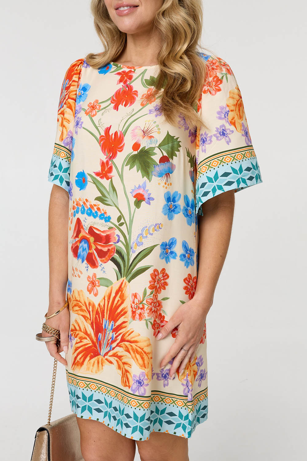 Floral Border Print Short Shift Dress Front View 2