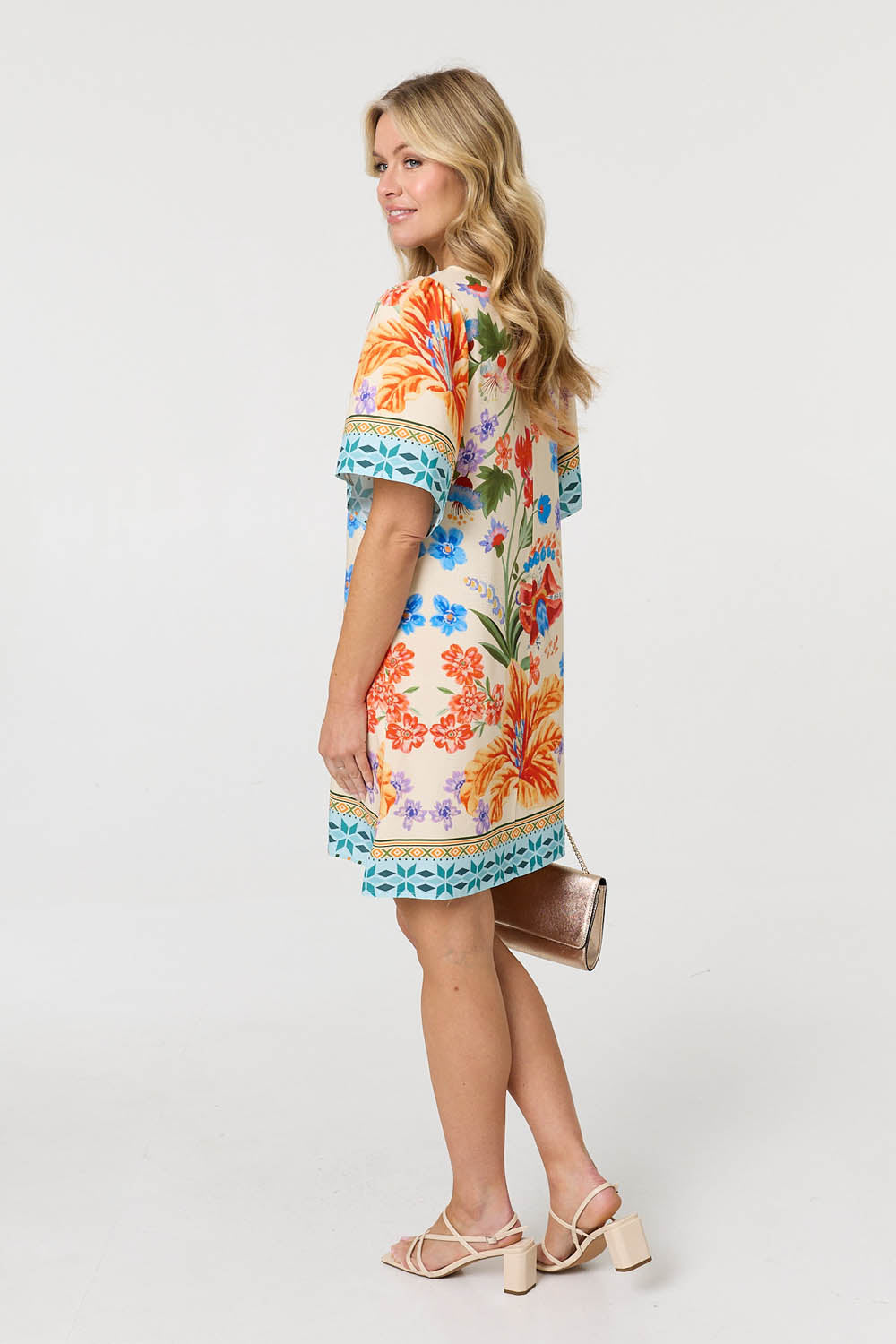 Floral Border Print Short Shift Dress Detail View