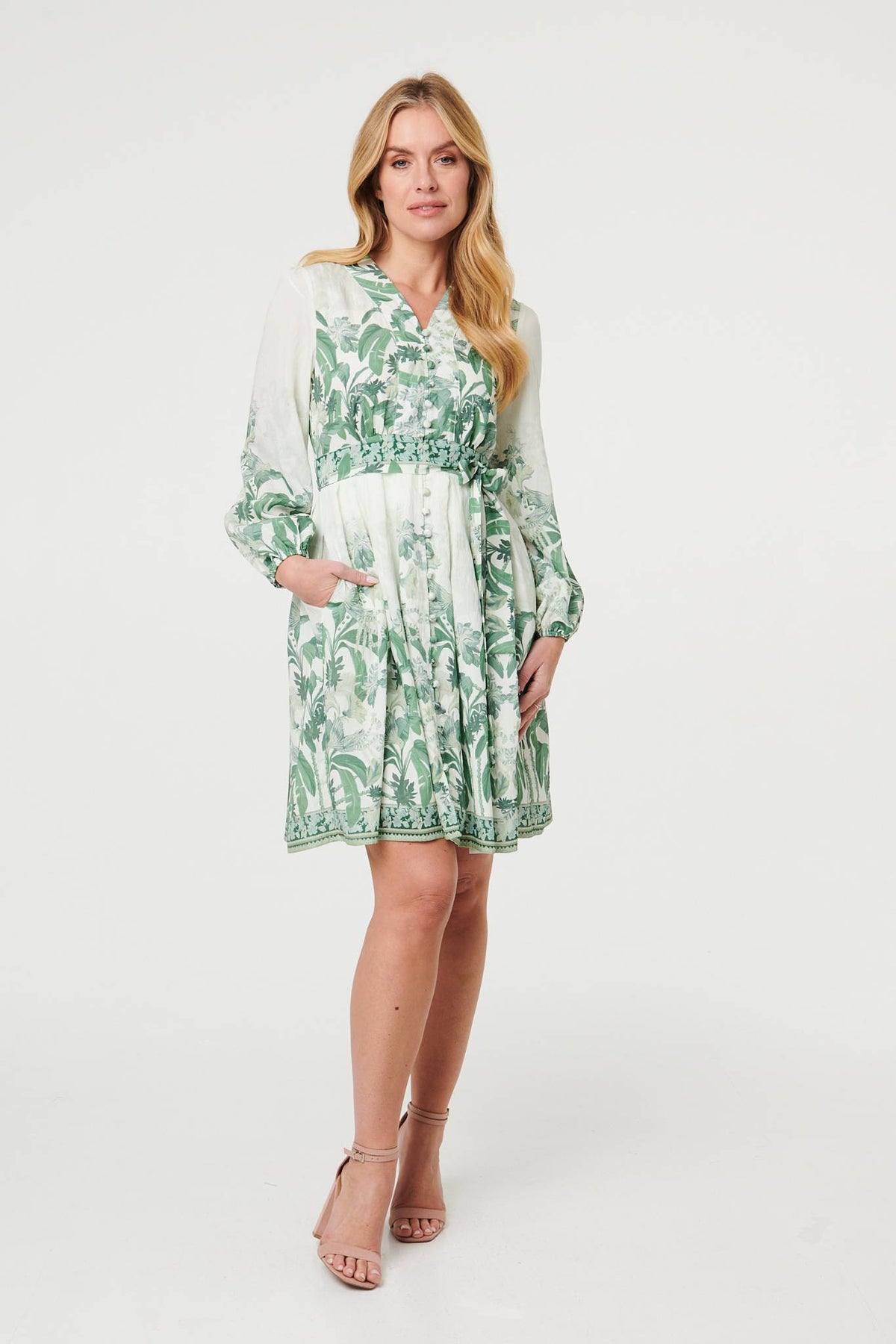 Leaf Print Long Sleeve Tie Short Dress Back View