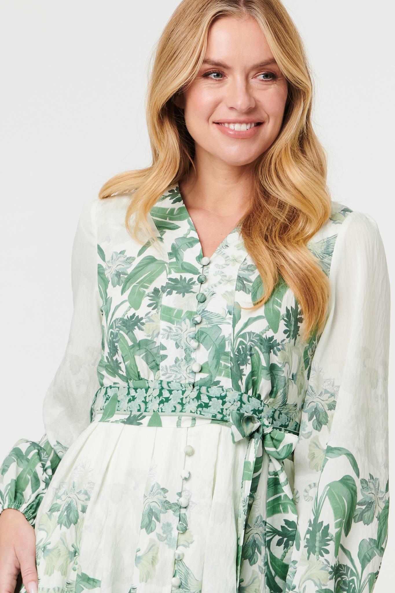 Leaf Print Long Sleeve Tie Short Dress Styled View