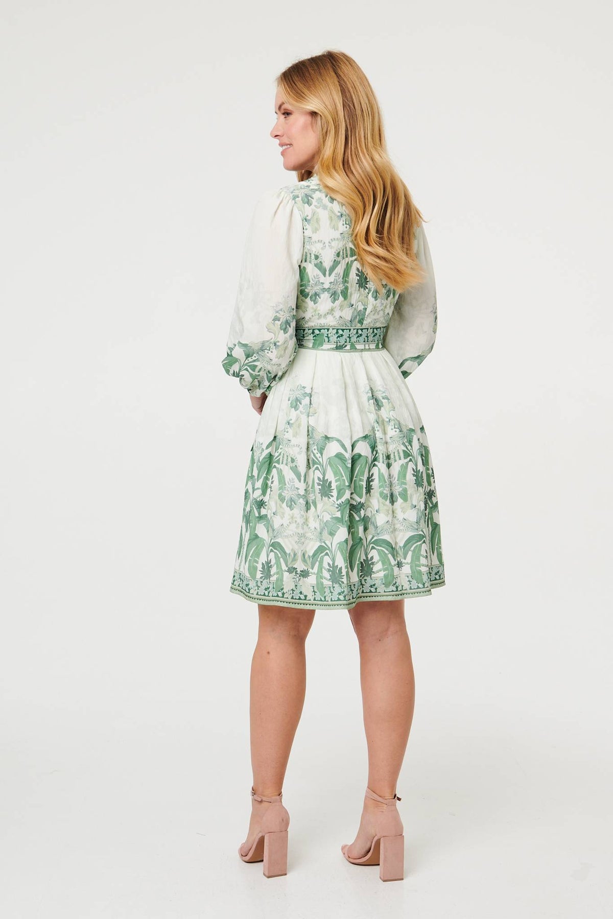 Leaf Print Long Sleeve Tie Short Dress Detail View