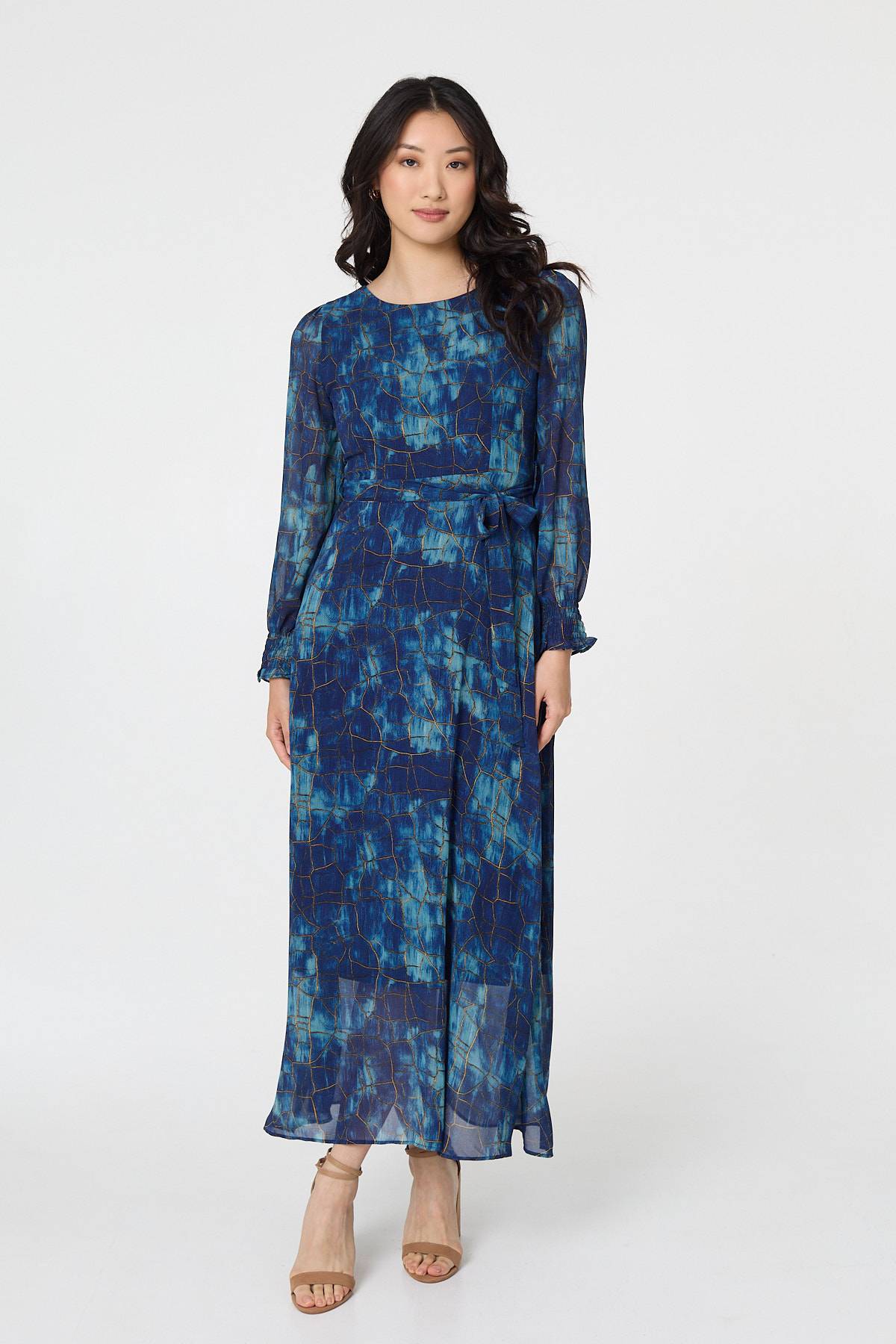 Printed Semi Sheer Tie Waist Maxi Dress Front View