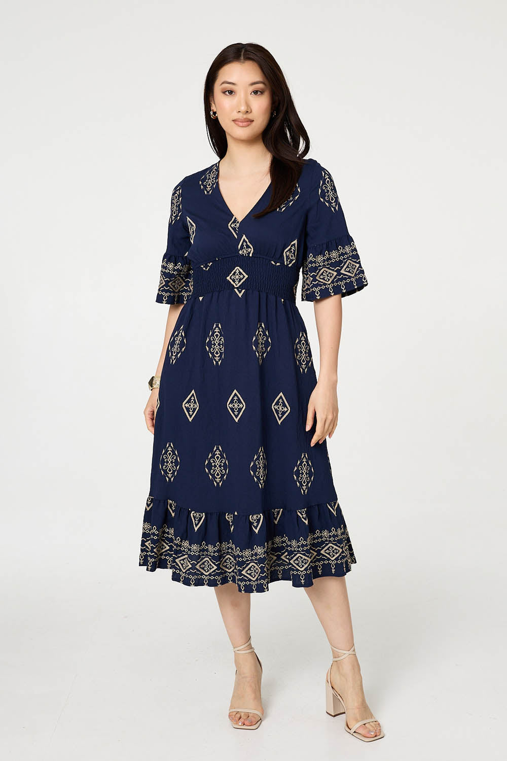 Printed 1/2 Sleeve Shirred Midi Dress Front View