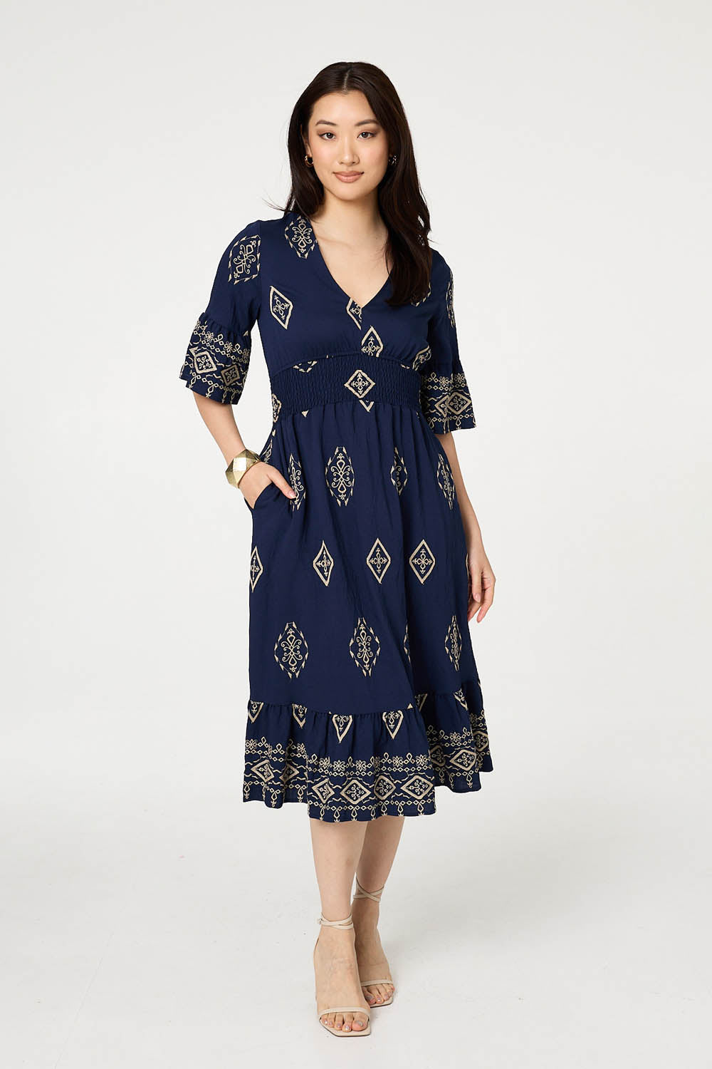 Printed 1/2 Sleeve Shirred Midi Dress Detail View