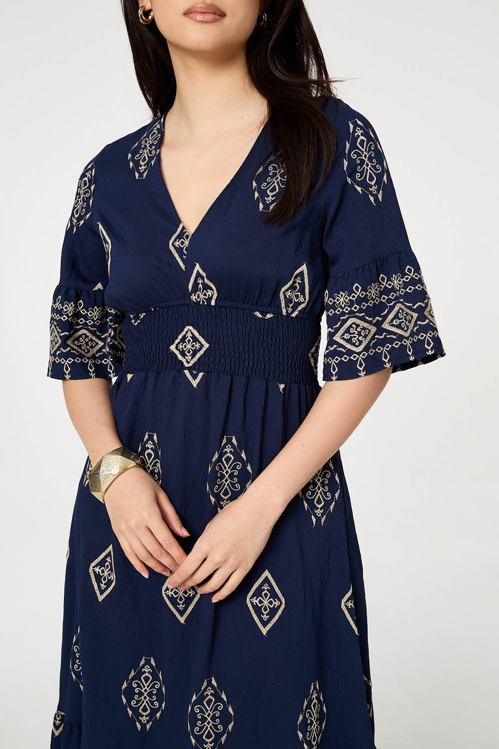 Printed 1/2 Sleeve Shirred Midi Dress Full Length View