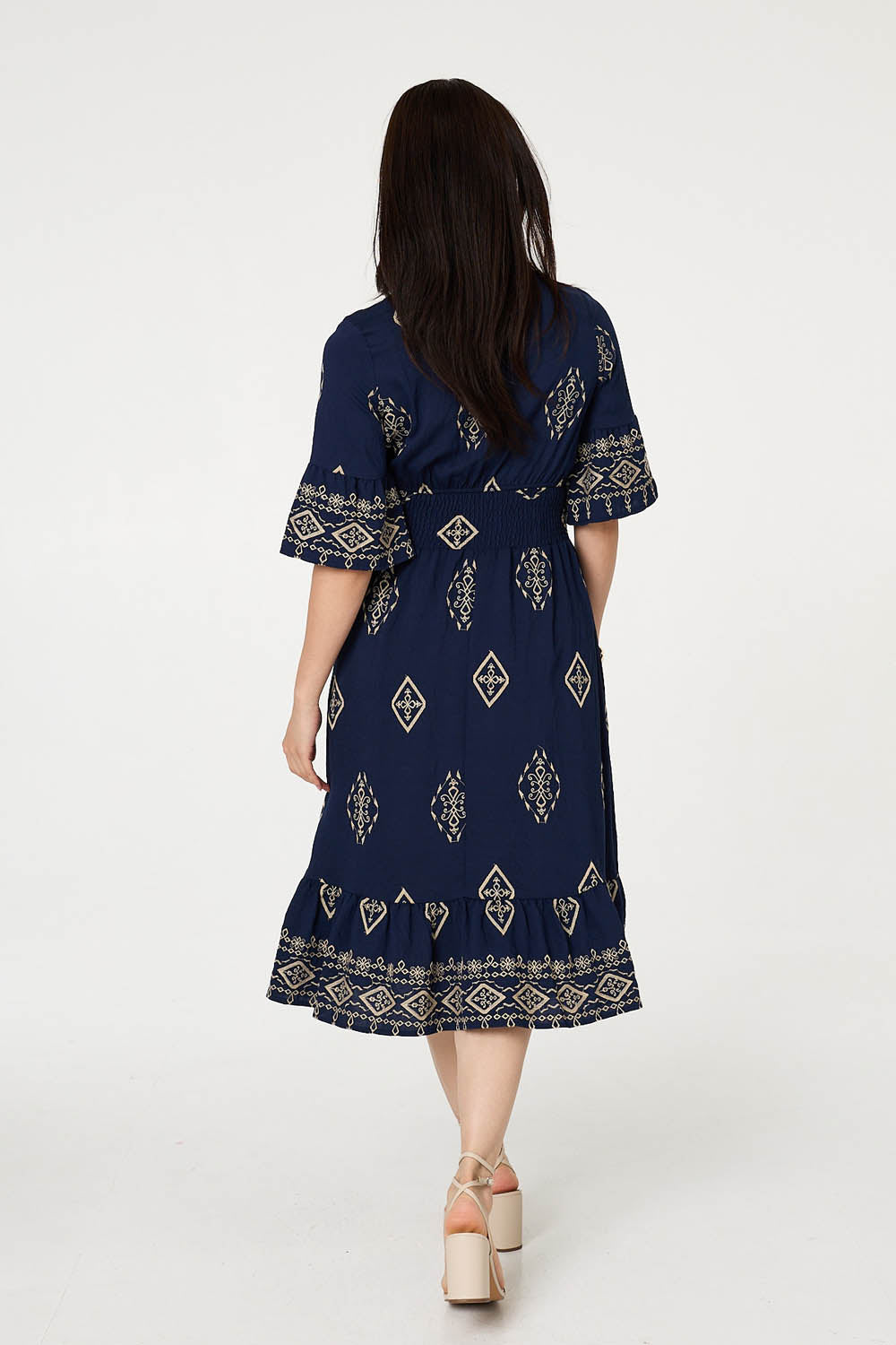Printed 1/2 Sleeve Shirred Midi Dress Side View