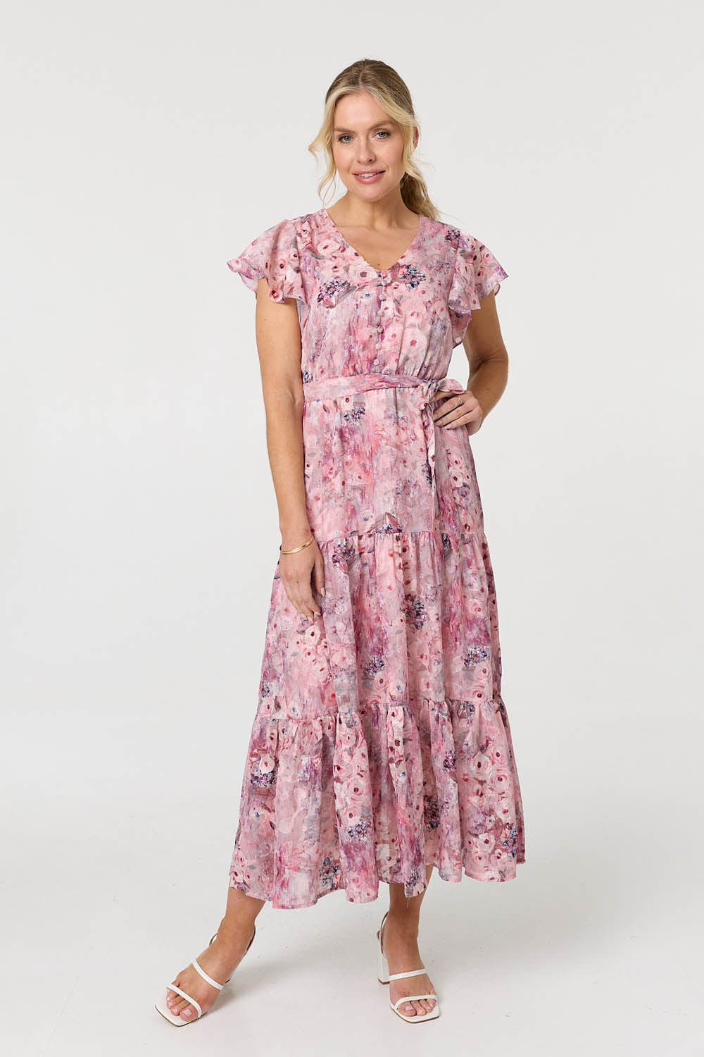 Floral Tiered Tie Waist Maxi Dress Front View