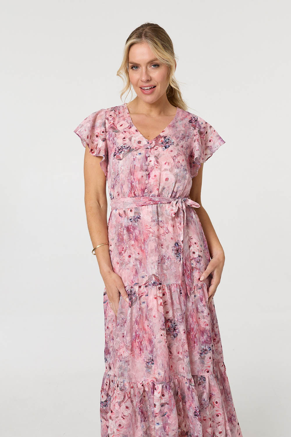 Floral Tiered Tie Waist Maxi Dress Back View