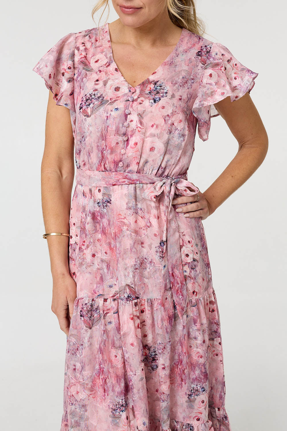 Floral Tiered Tie Waist Maxi Dress Full Length View