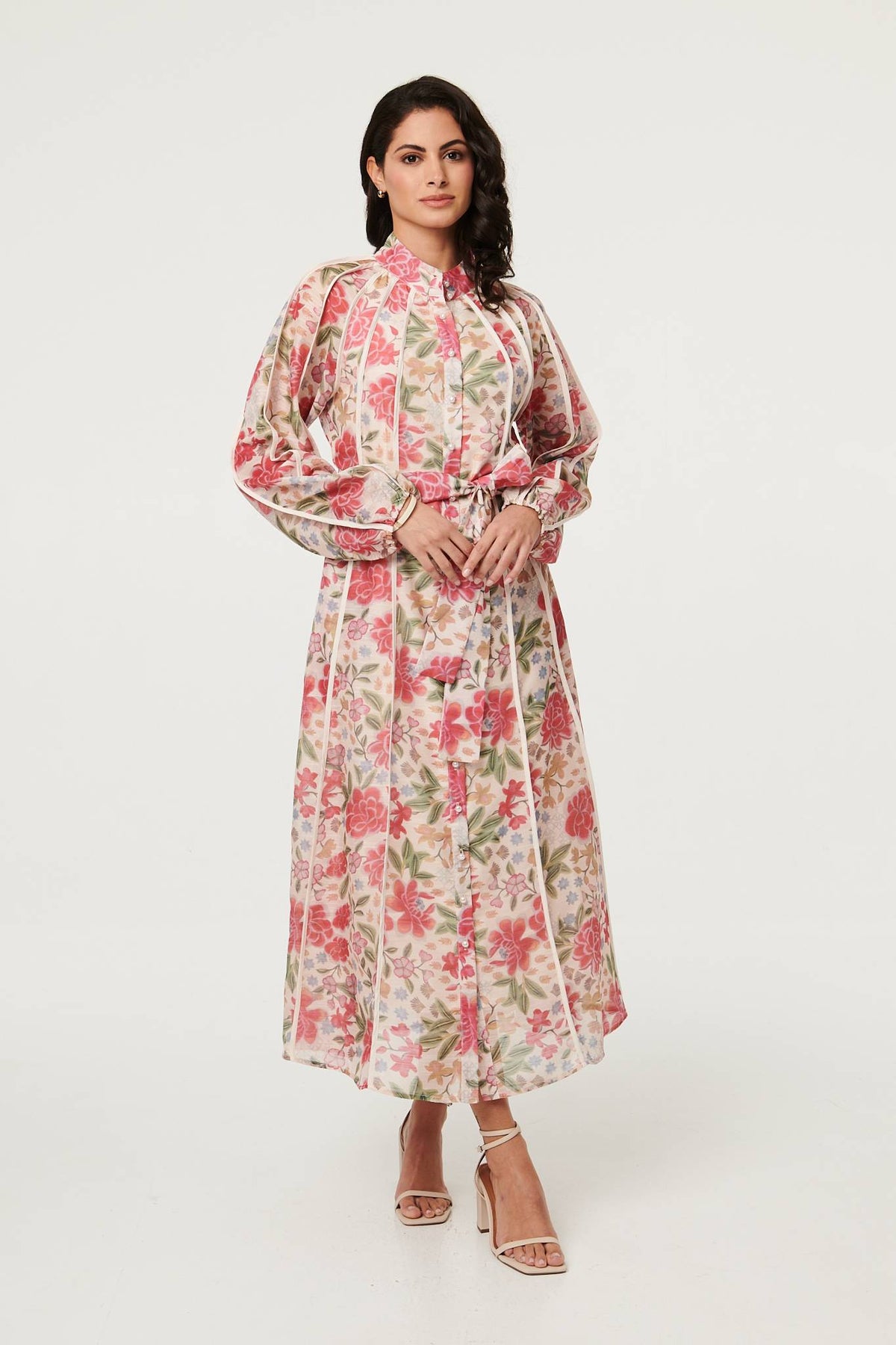 Floral Tie Waist High Neck Midi Dress Front View