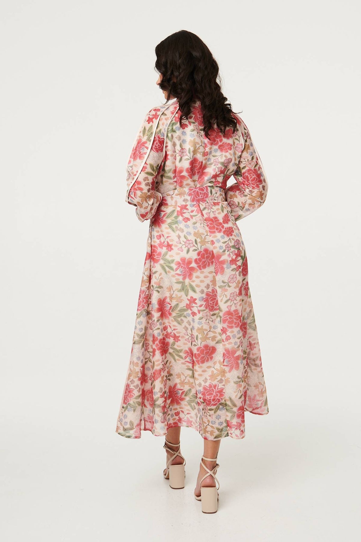Floral Tie Waist High Neck Midi Dress Back View
