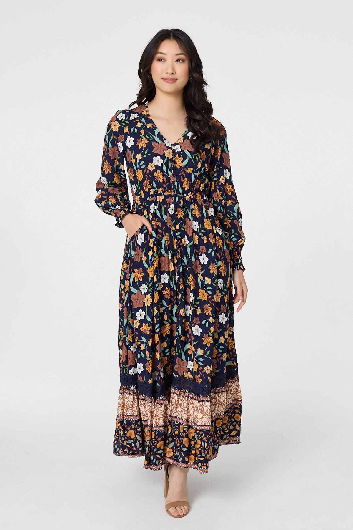 Floral Border Print Smocked Maxi Dress Front View