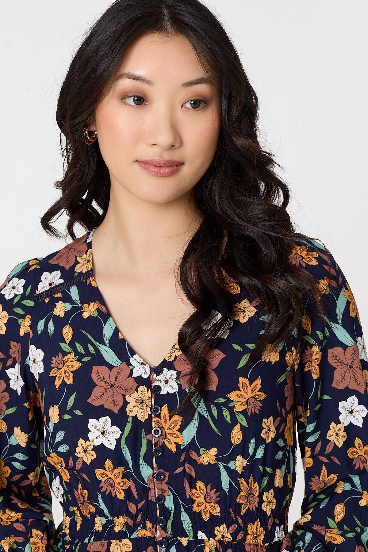 Floral Border Print Smocked Maxi Dress Full Length View