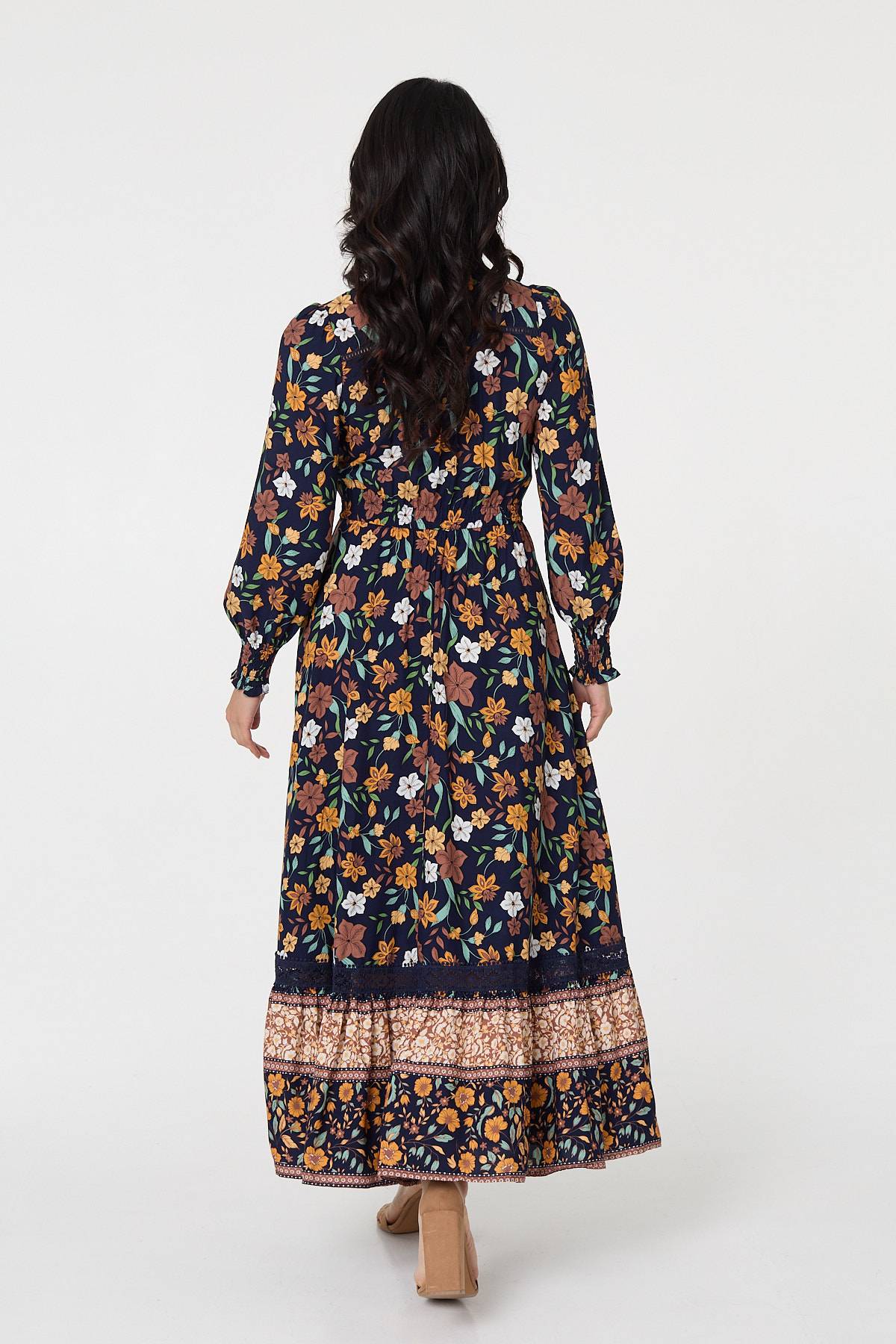 Floral Border Print Smocked Maxi Dress Detail View