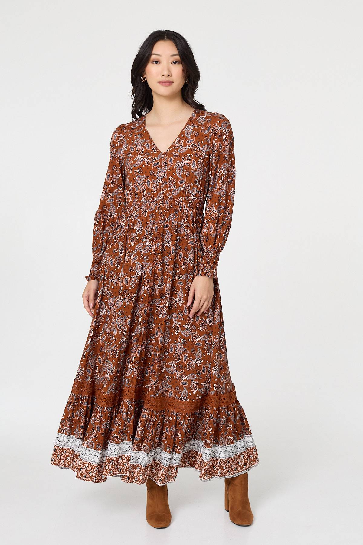 Paisley Shirred Lace Trim Maxi Dress Styled View
