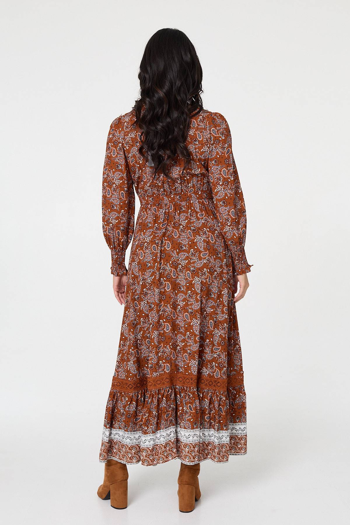 Paisley Shirred Lace Trim Maxi Dress Detail View