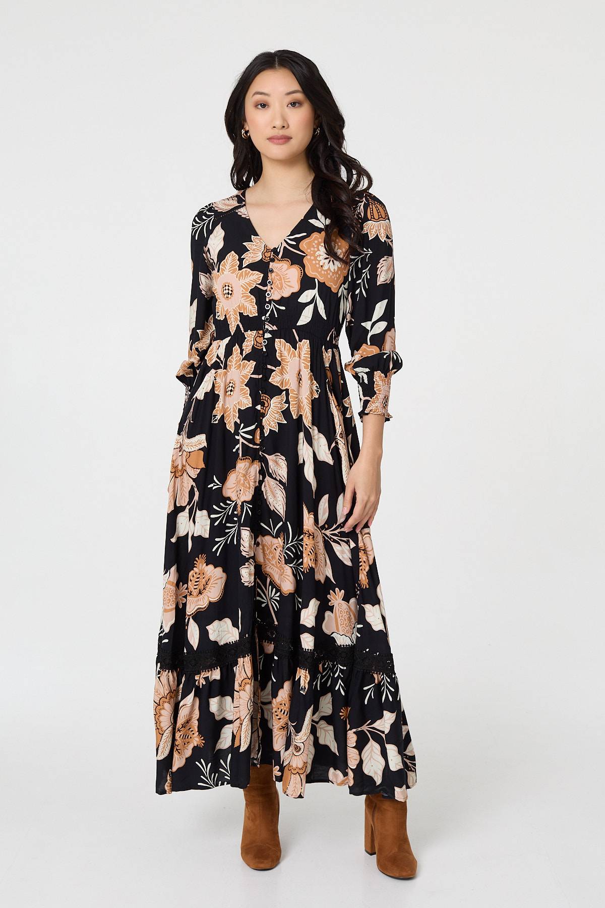 Leaf Print Long Sleeve Maxi Dress Front View 2