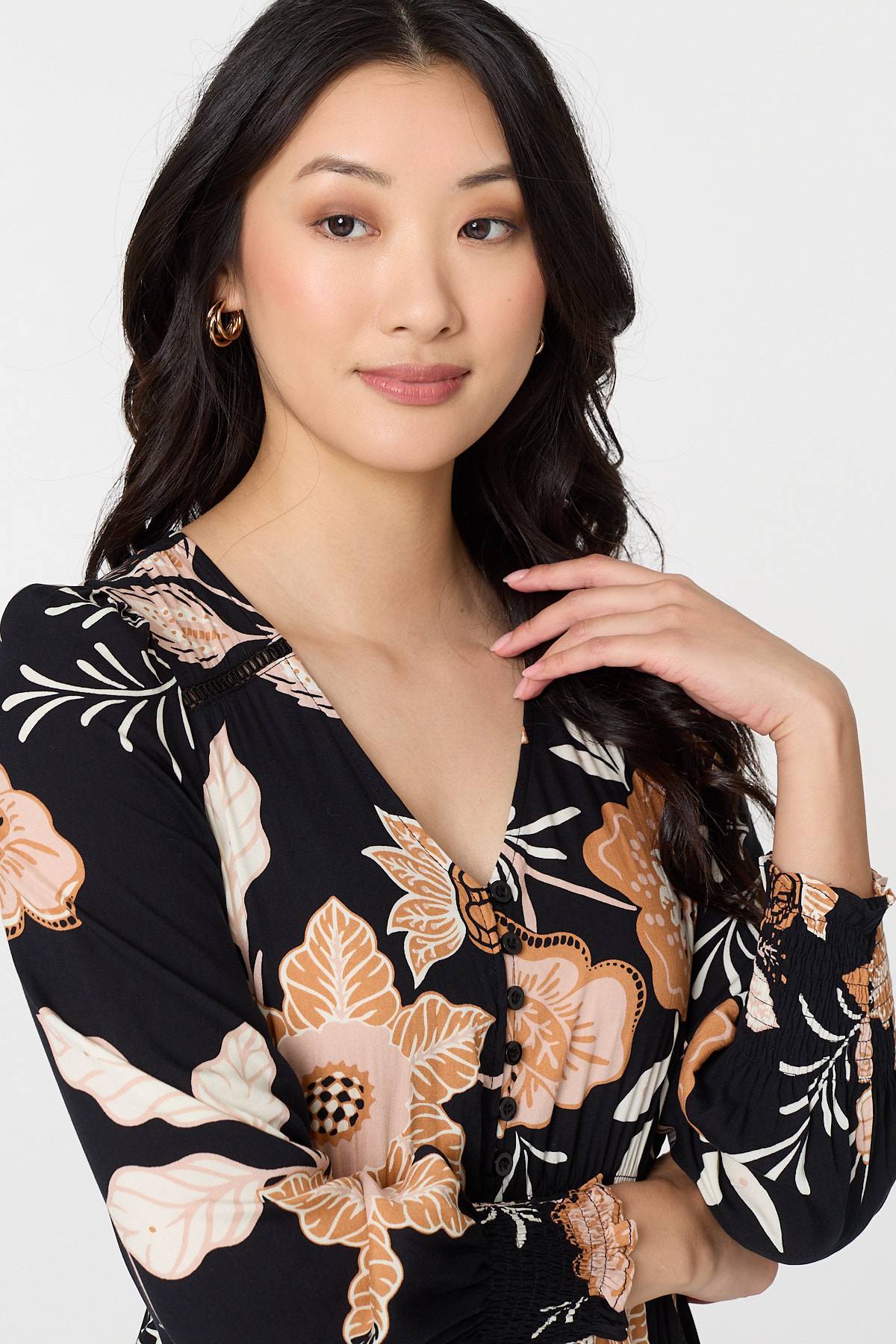Leaf Print Long Sleeve Maxi Dress Full Length View