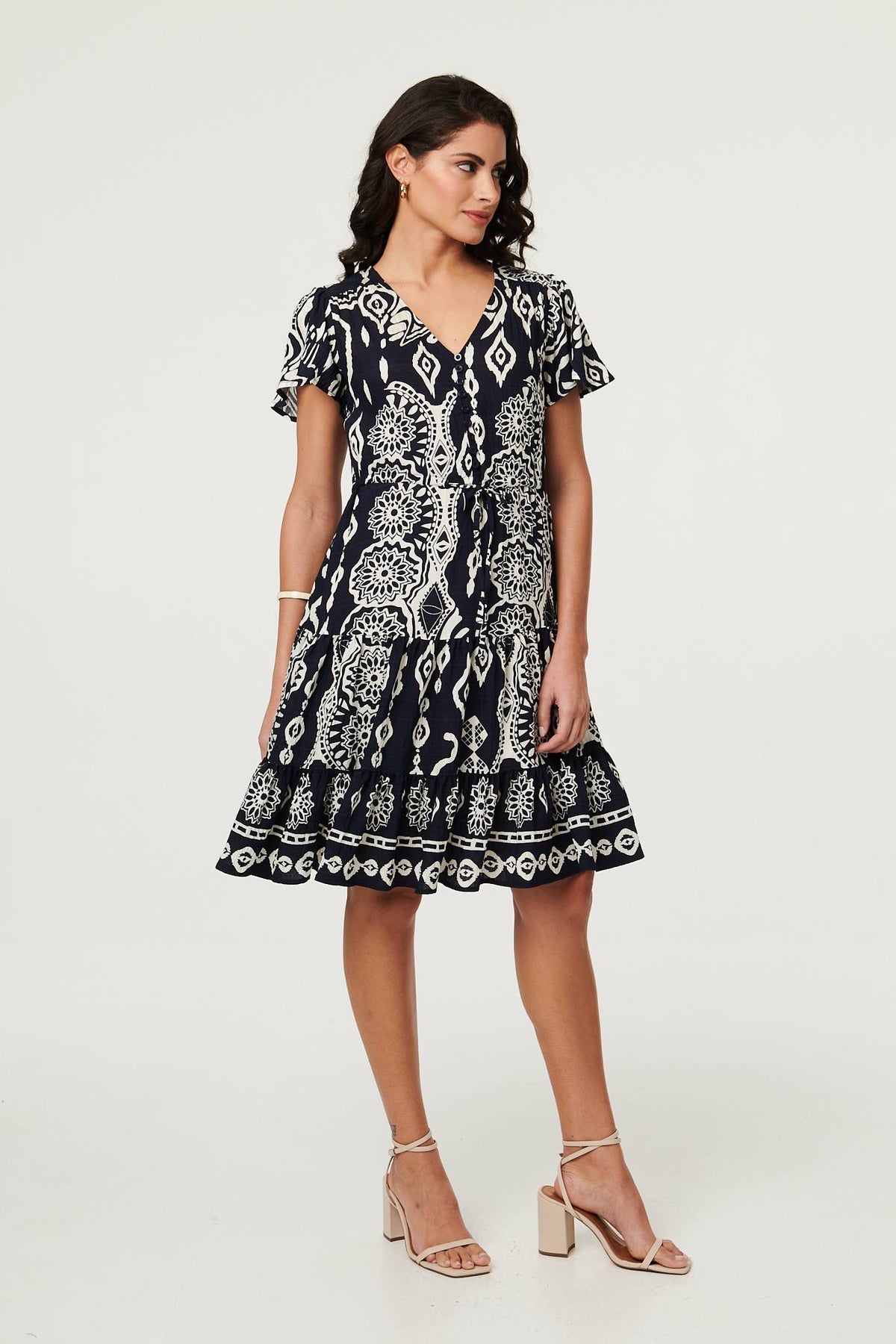 Abstract Angel Sleeve Knee Length Dress Front View