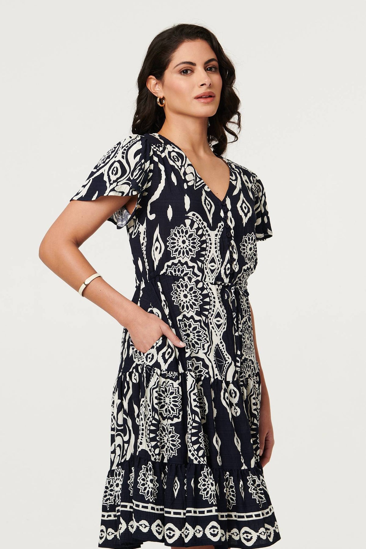 Abstract Angel Sleeve Knee Length Dress Back View