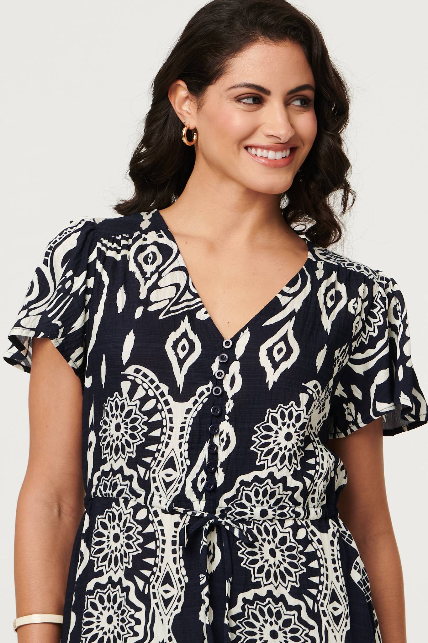 Abstract Angel Sleeve Knee Length Dress Styled View