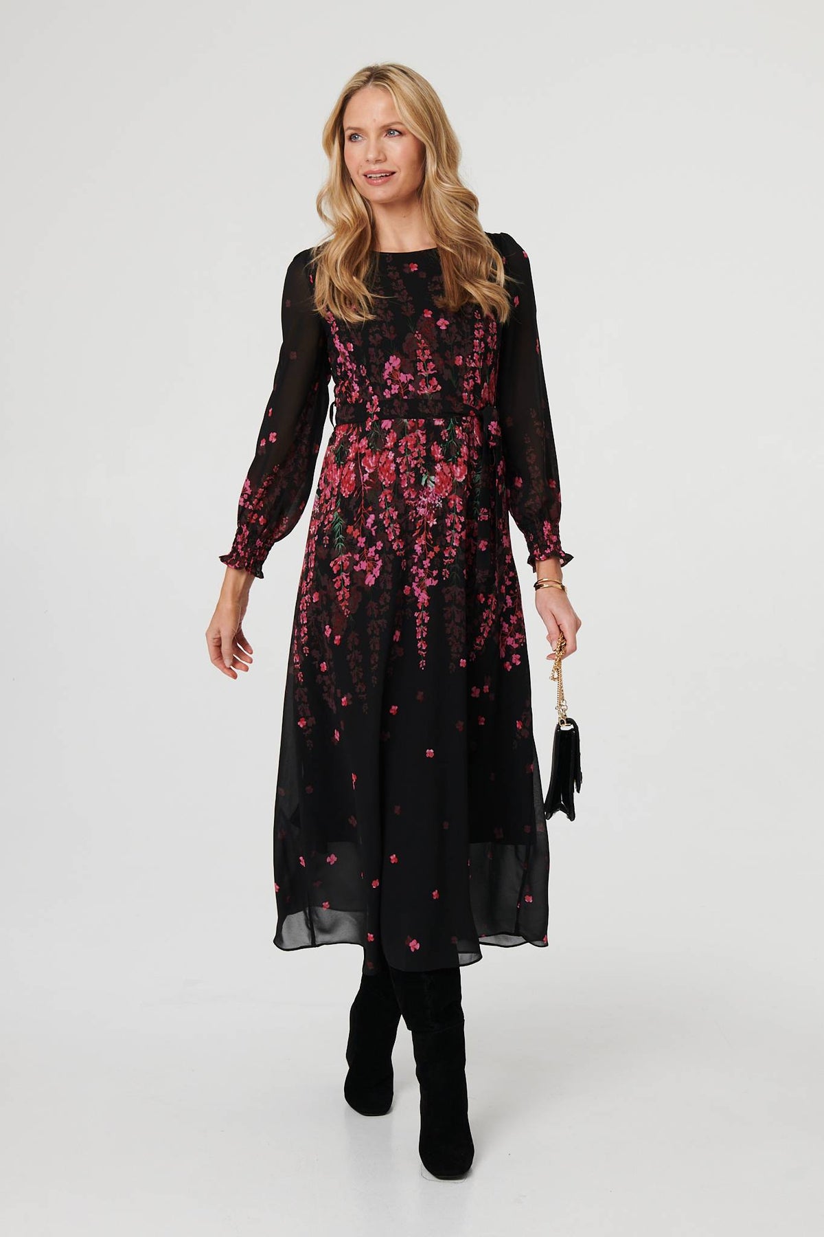 Floral Tie Waist Sheer Layer Maxi Dress Side View
