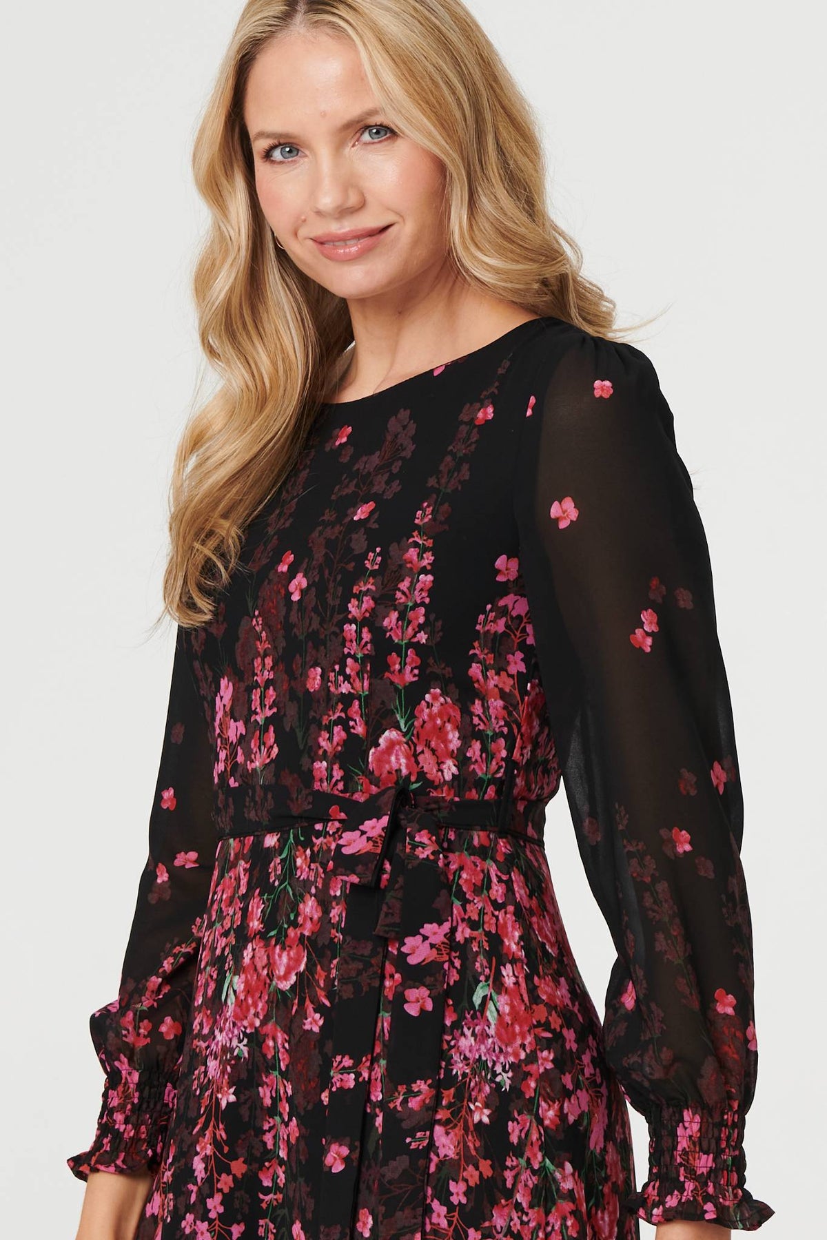 Floral Tie Waist Sheer Layer Maxi Dress Styled View