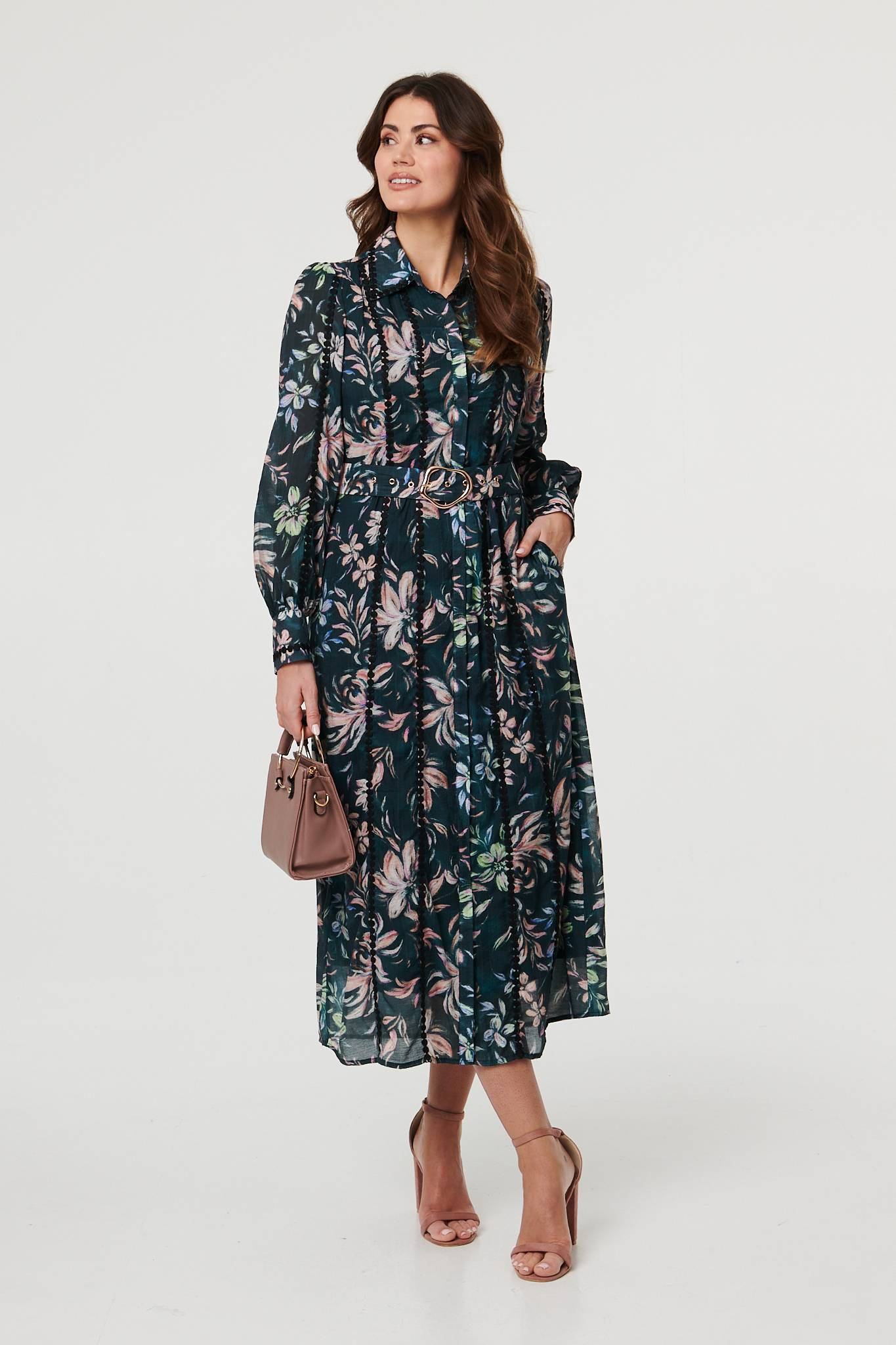 Floral Lace Trim Belt Waist Maxi Dress Front View