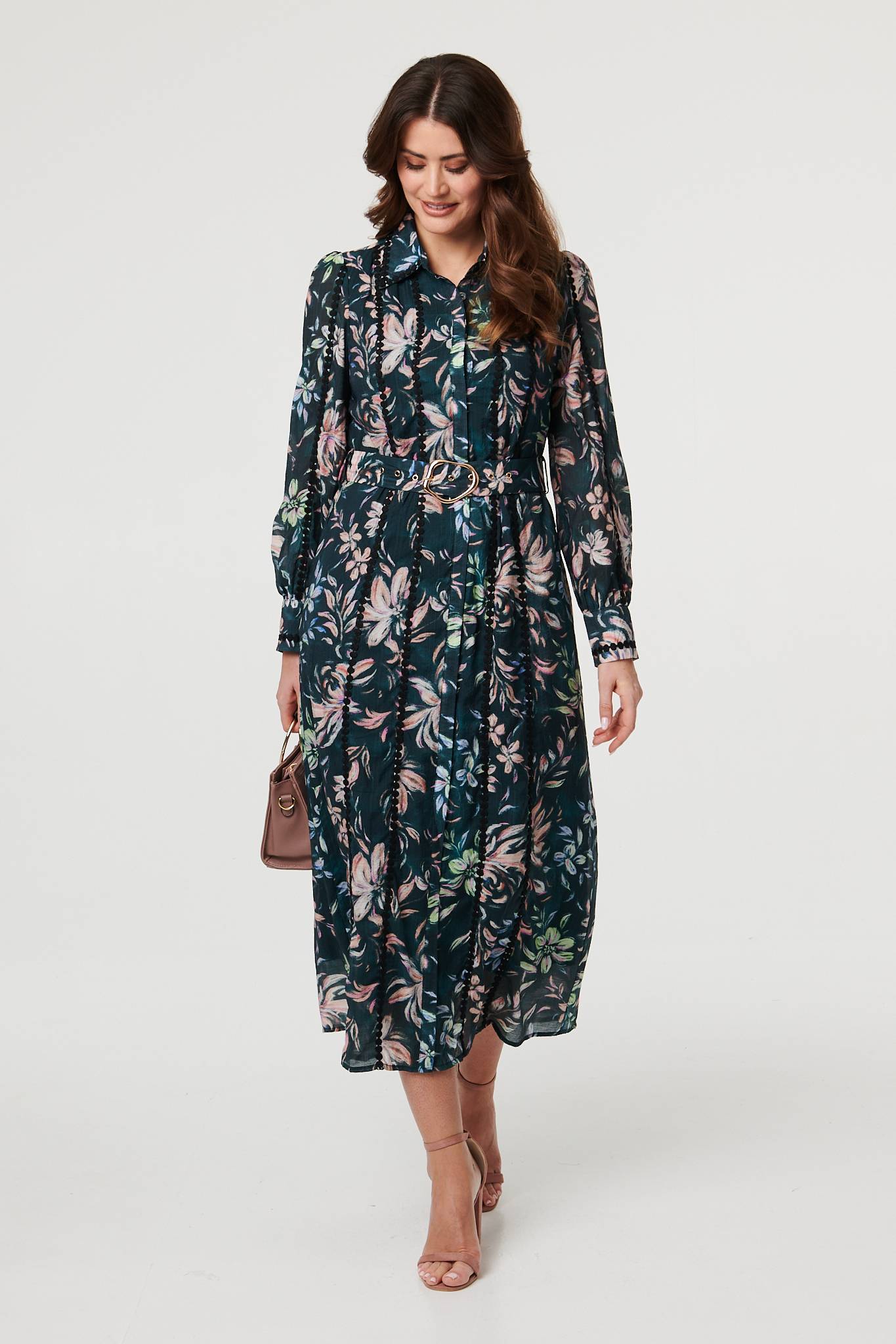 Floral Lace Trim Belt Waist Maxi Dress Back View