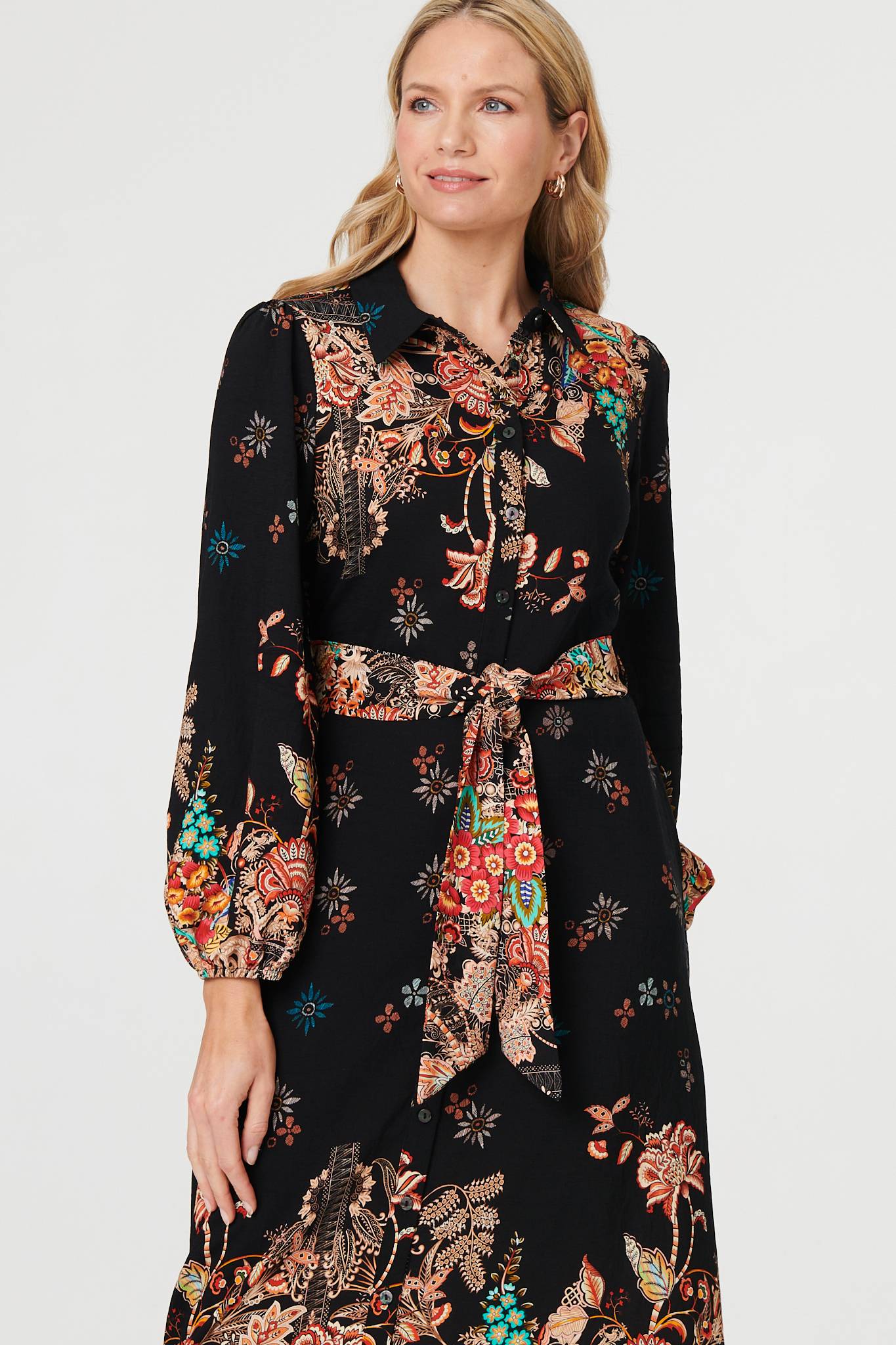 Floral Tie Waist Maxi Shirt Dress Side View 2
