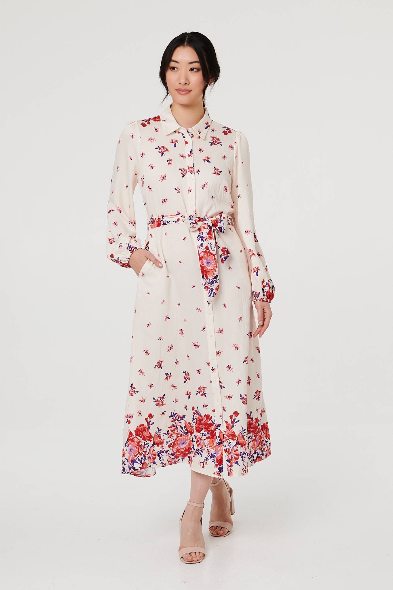 Floral Border Tie Waist Midi Shirt Dress Back View