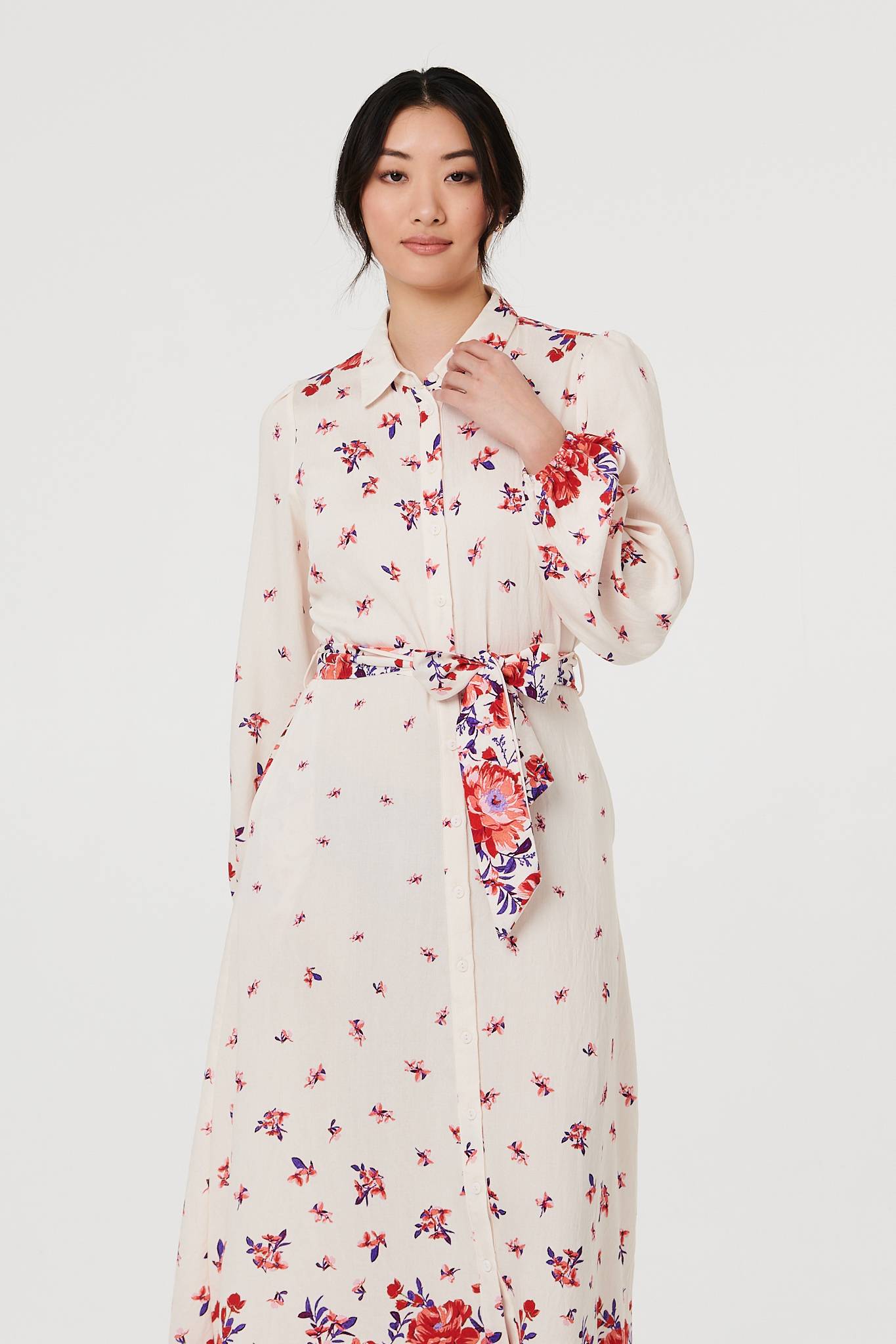 Floral Border Tie Waist Midi Shirt Dress Full Length View