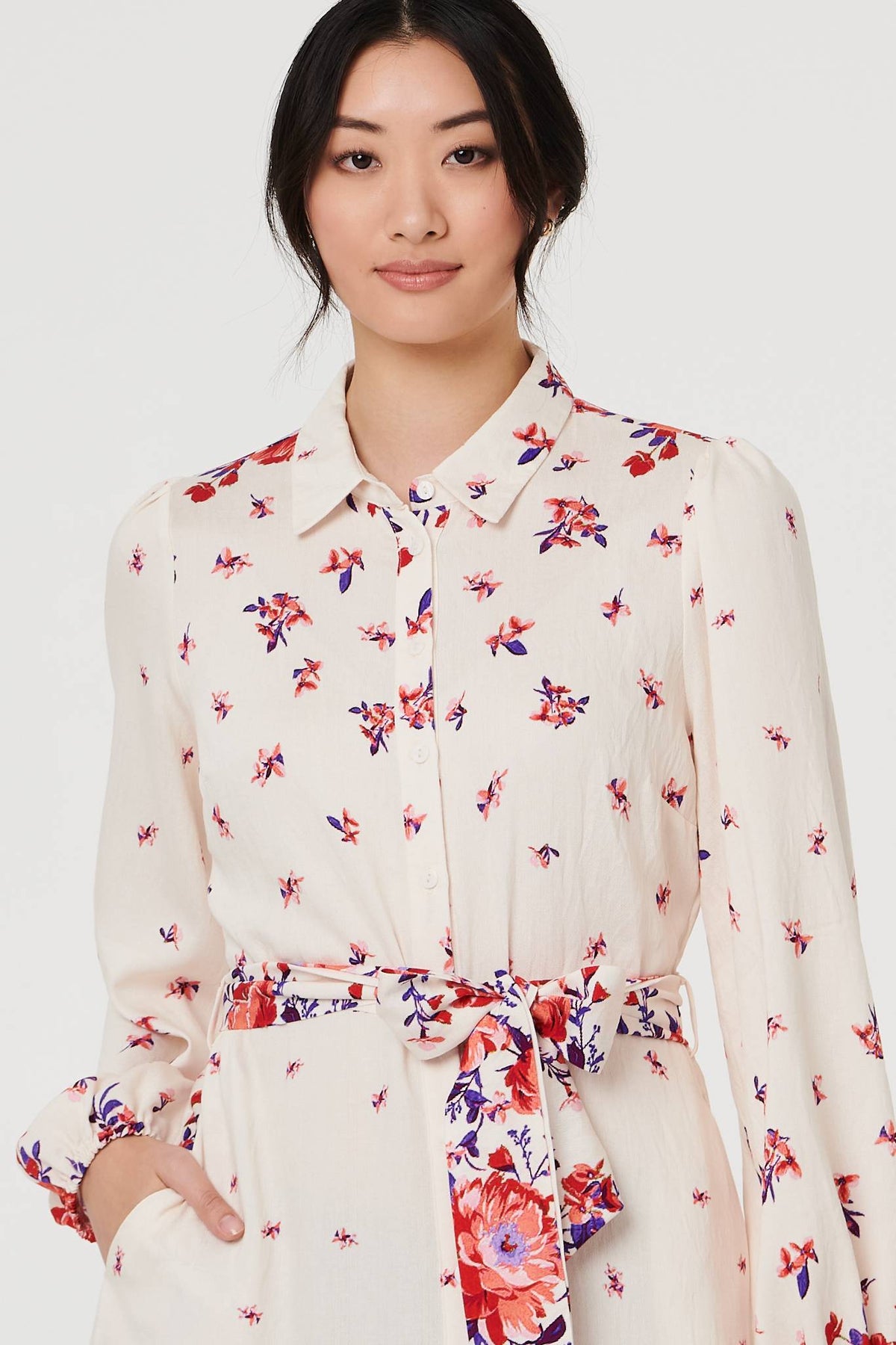 Floral Border Tie Waist Midi Shirt Dress Styled View
