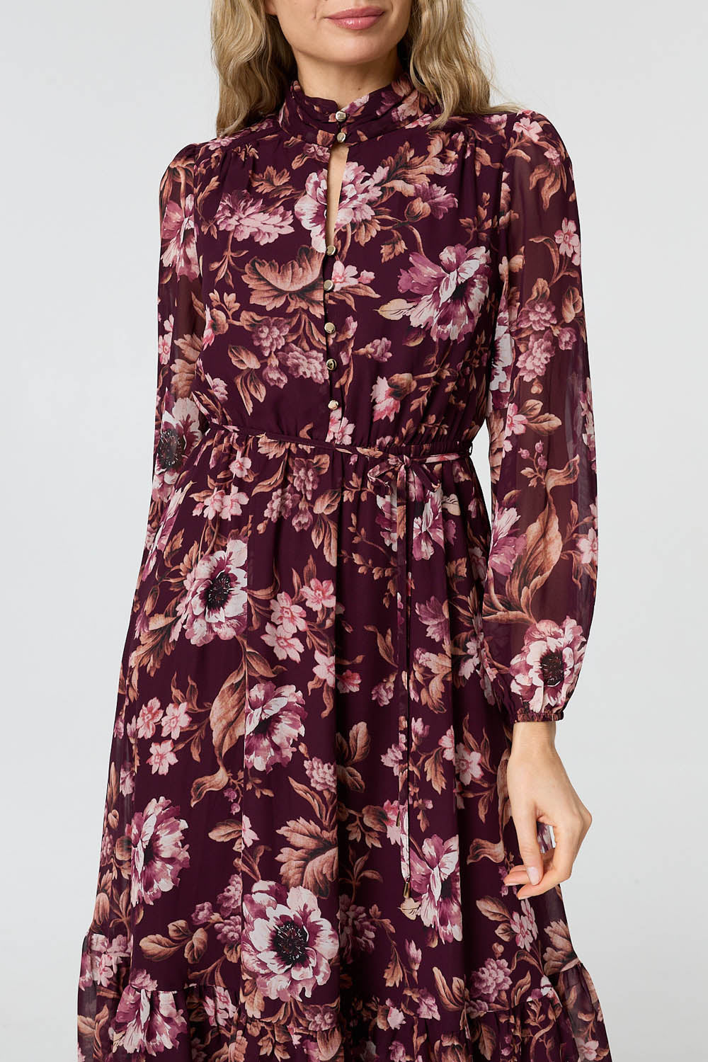 Floral Semi Sheer Mesh Layer Midi Dress Front View 2