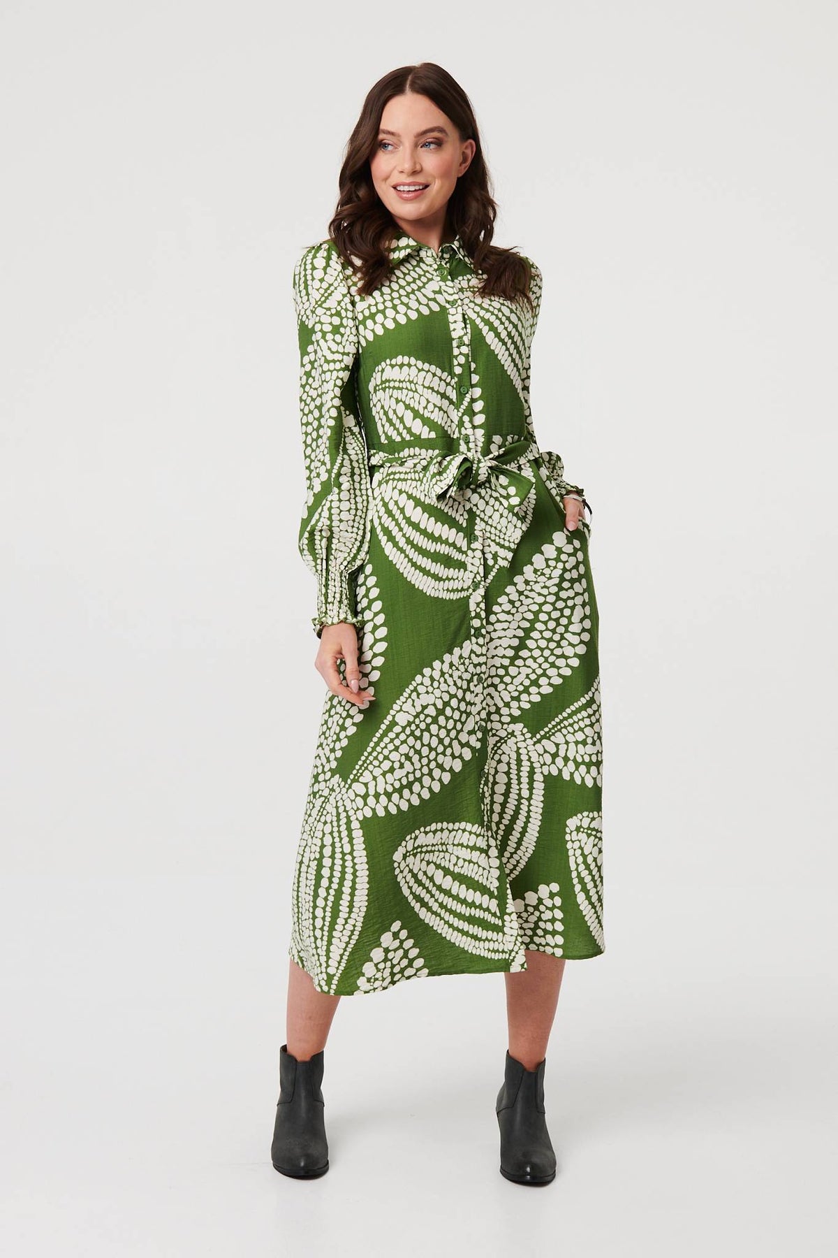 Printed Balloon Sleeve Midi Shirt Dress Back View
