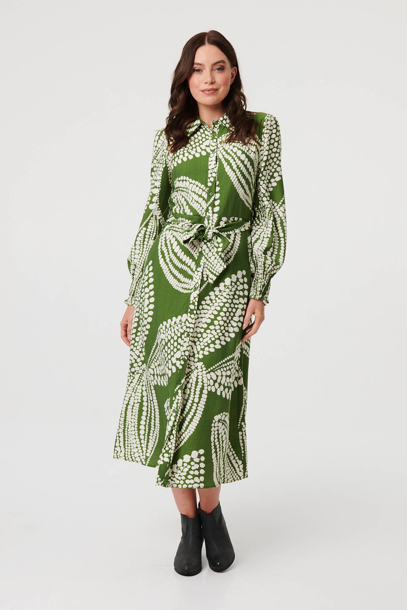 Printed Balloon Sleeve Midi Shirt Dress Front View