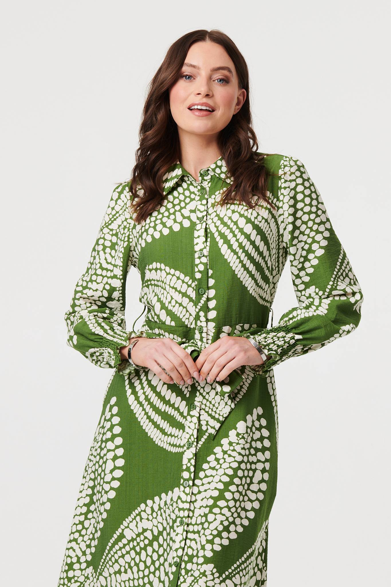 Printed Balloon Sleeve Midi Shirt Dress Front View 2