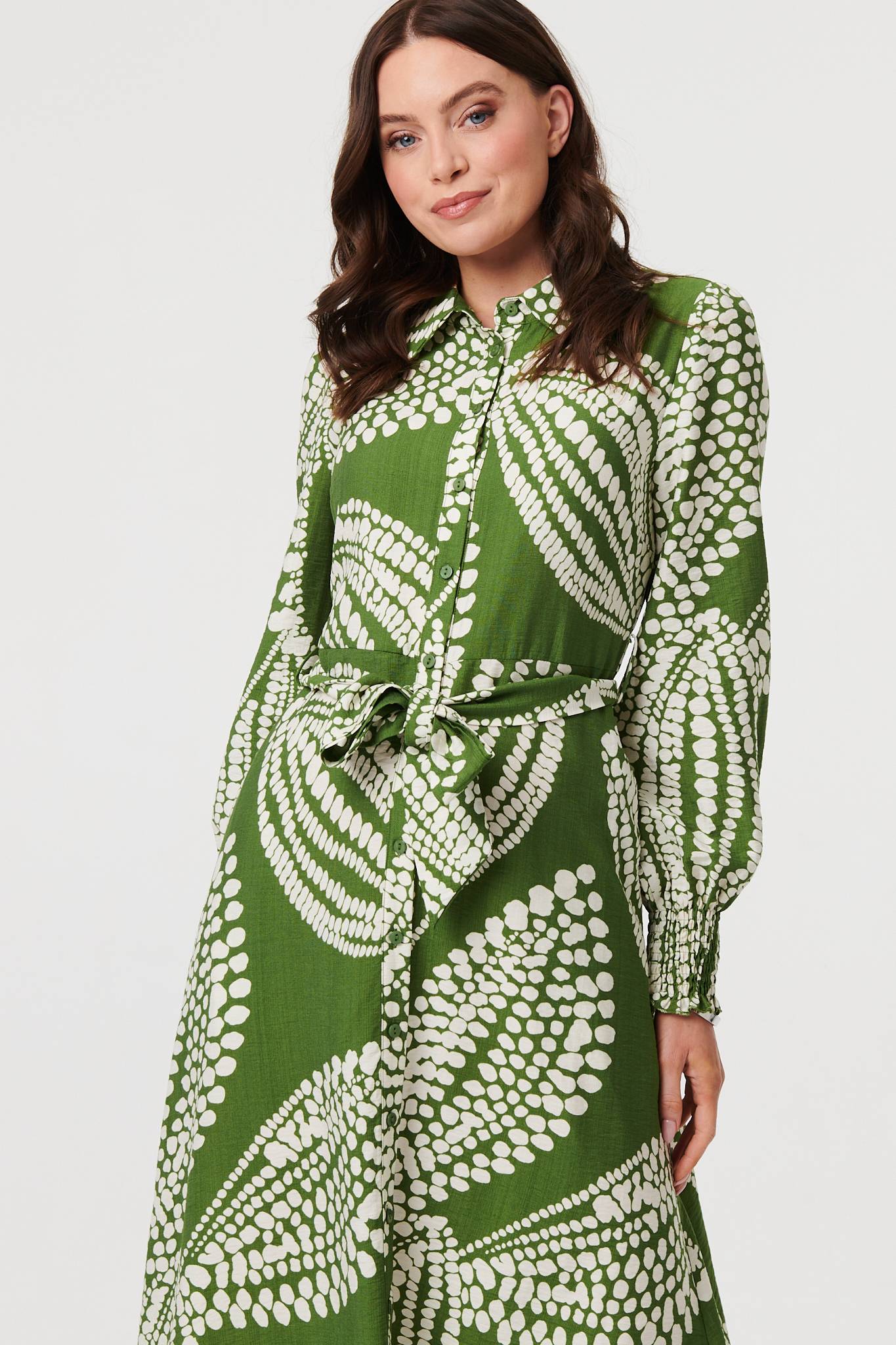 Printed Balloon Sleeve Midi Shirt Dress Full Length View